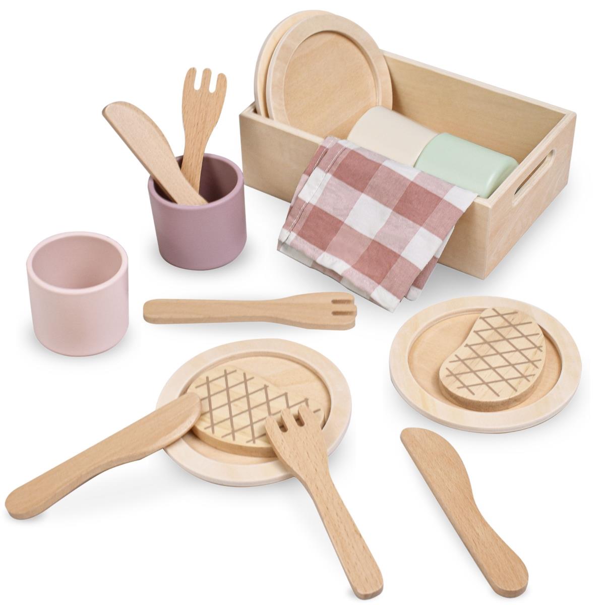 Holzgeschirrset für Kinder mit roten Tischsets
