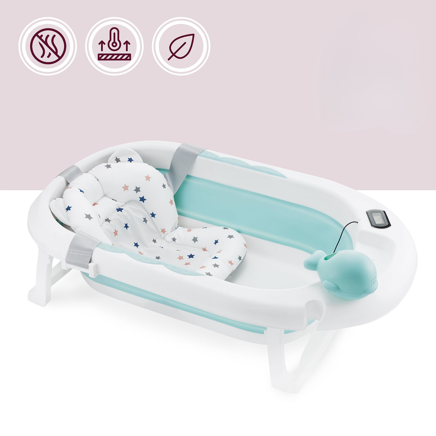 Zusammenklappbare Babybadewanne mit Thermometer, Einsatz und Ständer - mintfarben