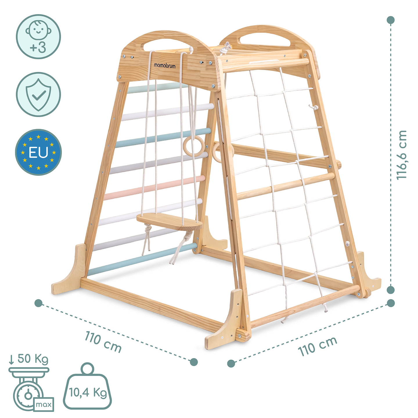 Indoor-Spielplatz aus Holz mit Schaukel, Turnringen und Kletternetz