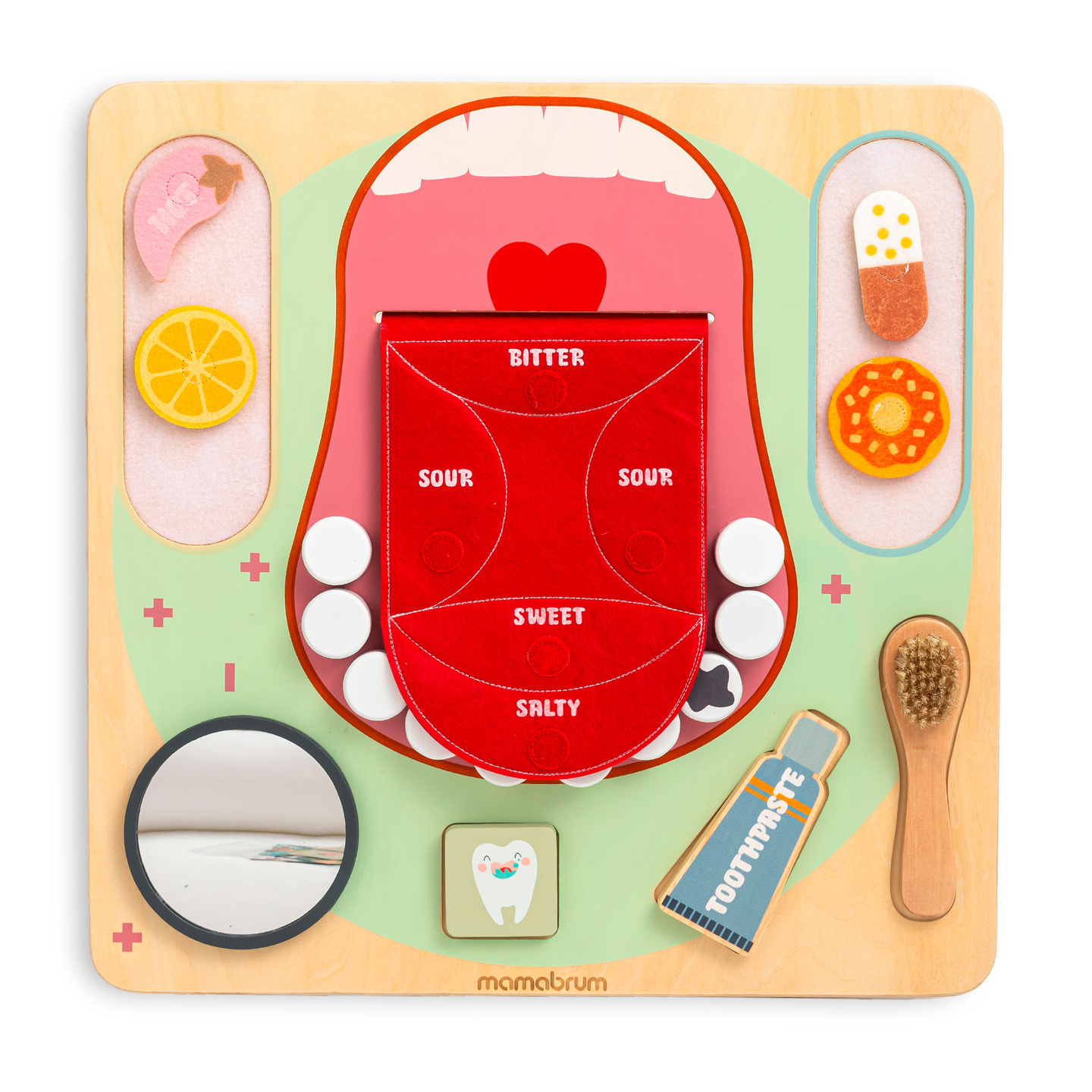 Montessori-Lerntafel aus Holz „Kleiner Zahnarzt“ – Zahnbürste, Zahnpasta, herausnehmbare Zähne, Spiegel, Essen, Lernaromen