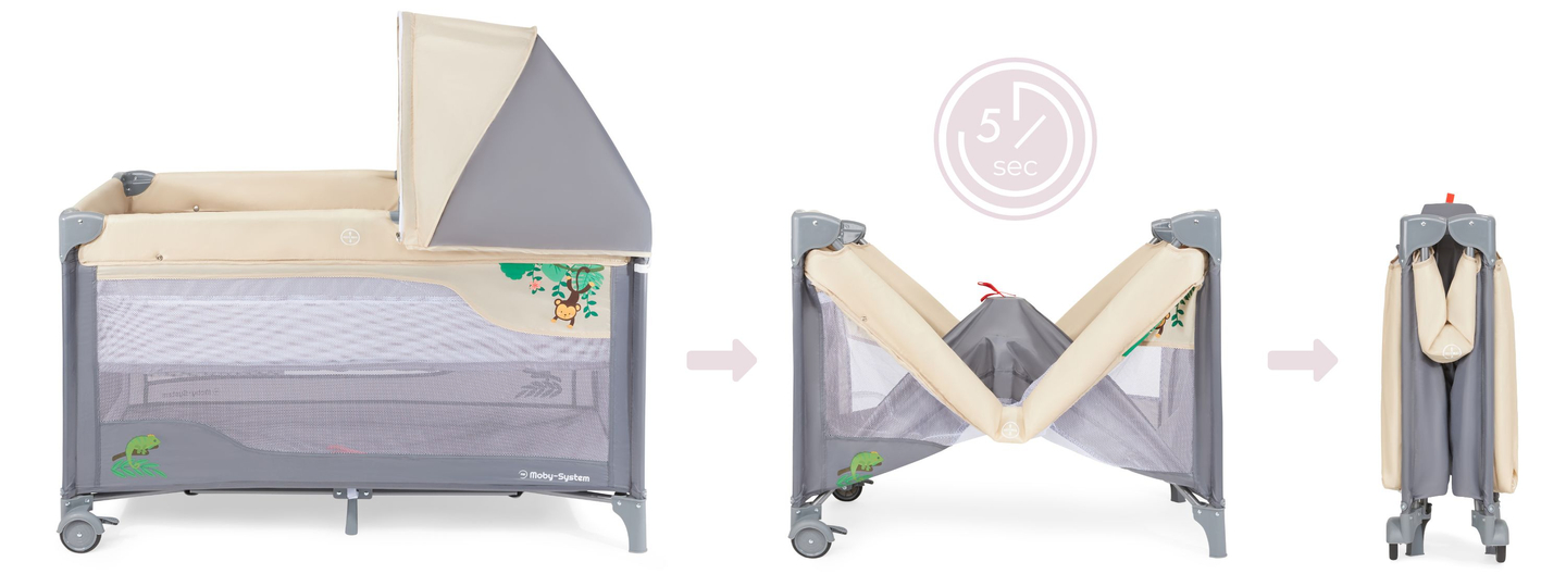 Reisebett 0 - 36 m mit Wickeltisch + Moby-System HUXLEY Laufgitter