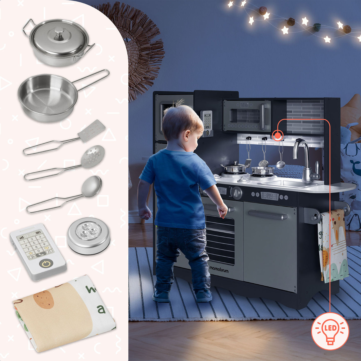 XXL-Holzküche mit LED-Beleuchtung, Schürze und Zubehör