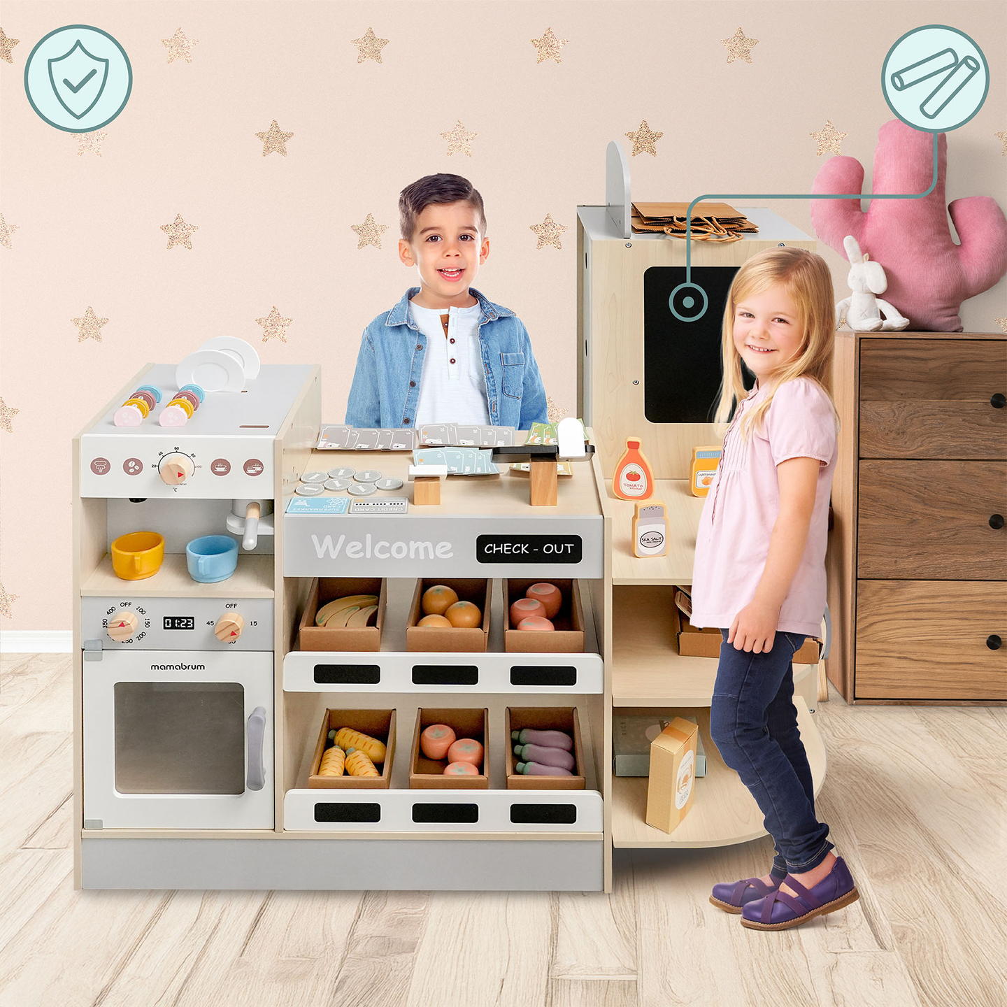 Großer XXXL-Holzladen für Kinder mit Schnellimbiss - Eckladen + Kaffeemaschine + Backofen + Kühlschrank - 106 ac.