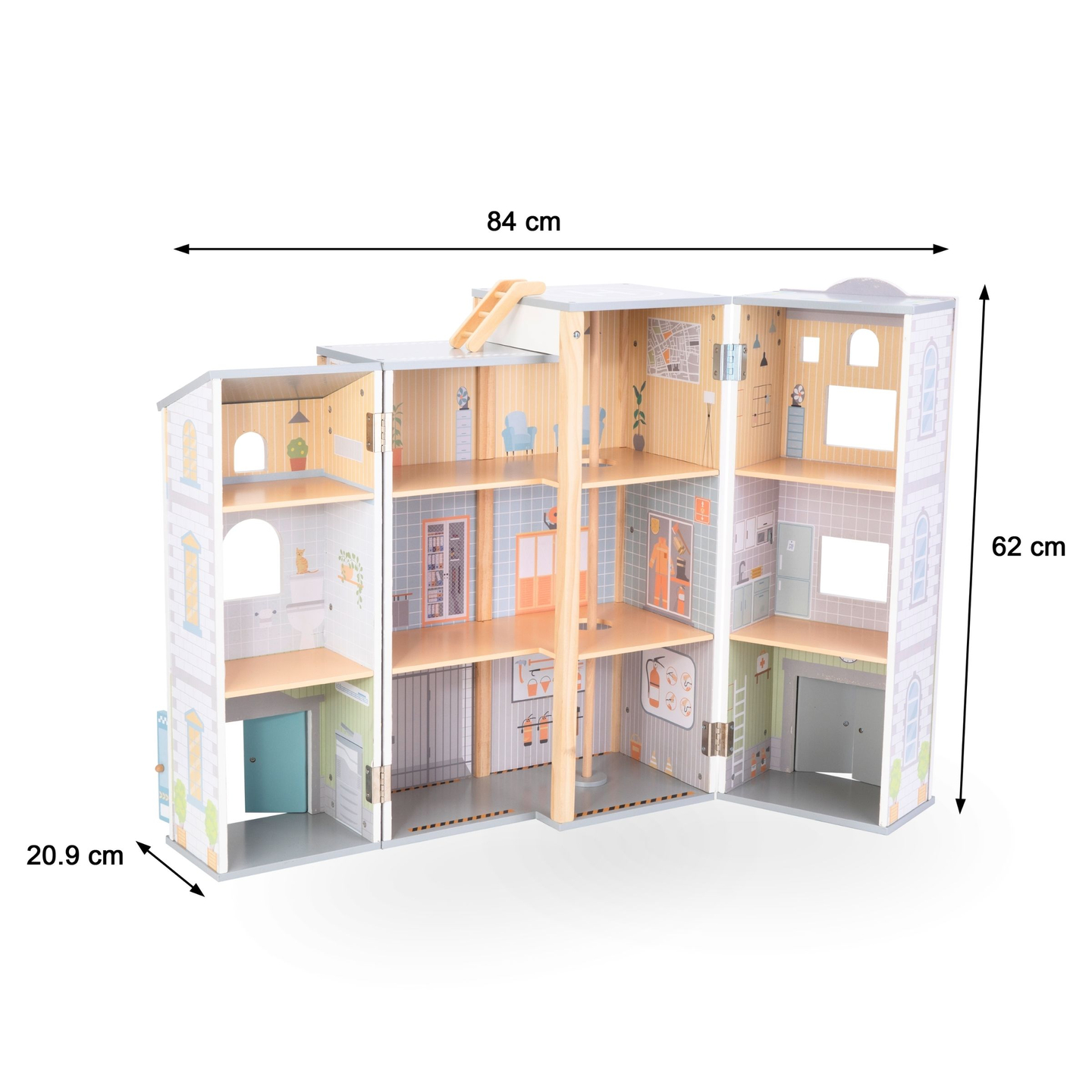 Große klappbare Feuerwache mit Polizeistation - Set aus Holz. Feuerwache und Polizeistation mit Zubehör.