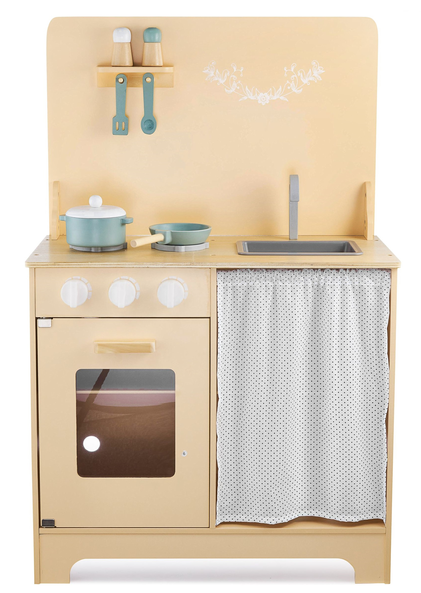 Holzküche mit Schürze, Zubehör und LED-Beleuchtung