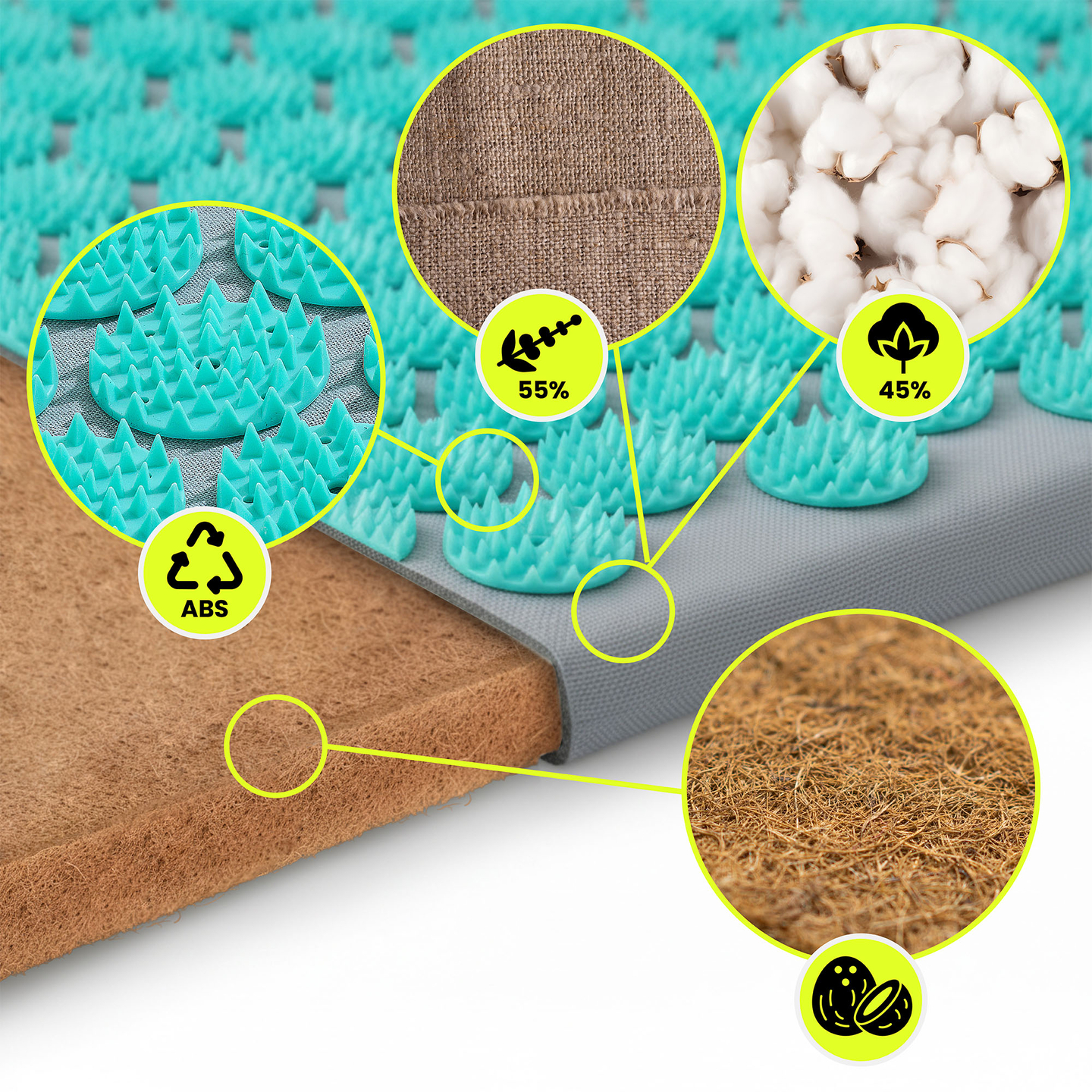 ECO Leinen-Akupressurmatte mit Kokosfaser- und Buchweizenkissen – 68 cm HyperMotion Grau-Mint