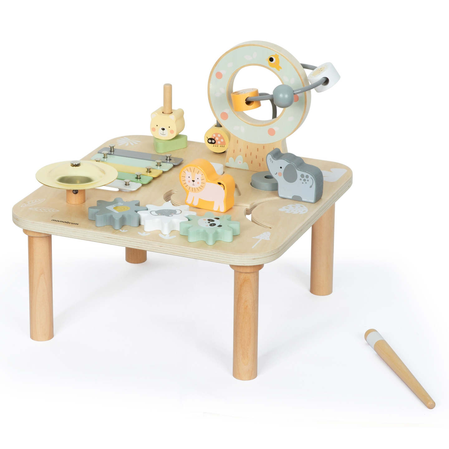 Pädagogischer 7-in-1-Musiktisch aus Holz mit Becken und Gong – wilder Dschungel