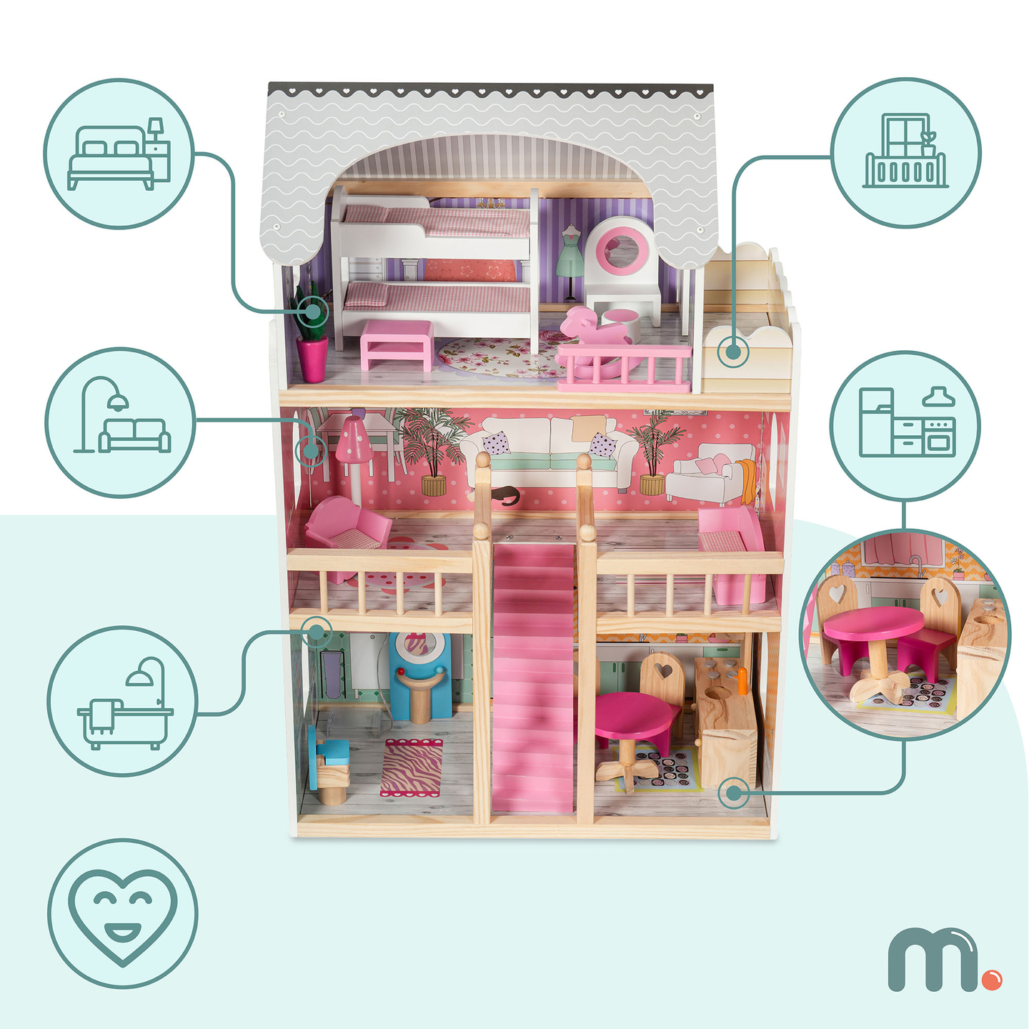 Großes 3-stöckiges Holzpuppenhaus mit Terrasse, Möbelset und LED-Beleuchtung!