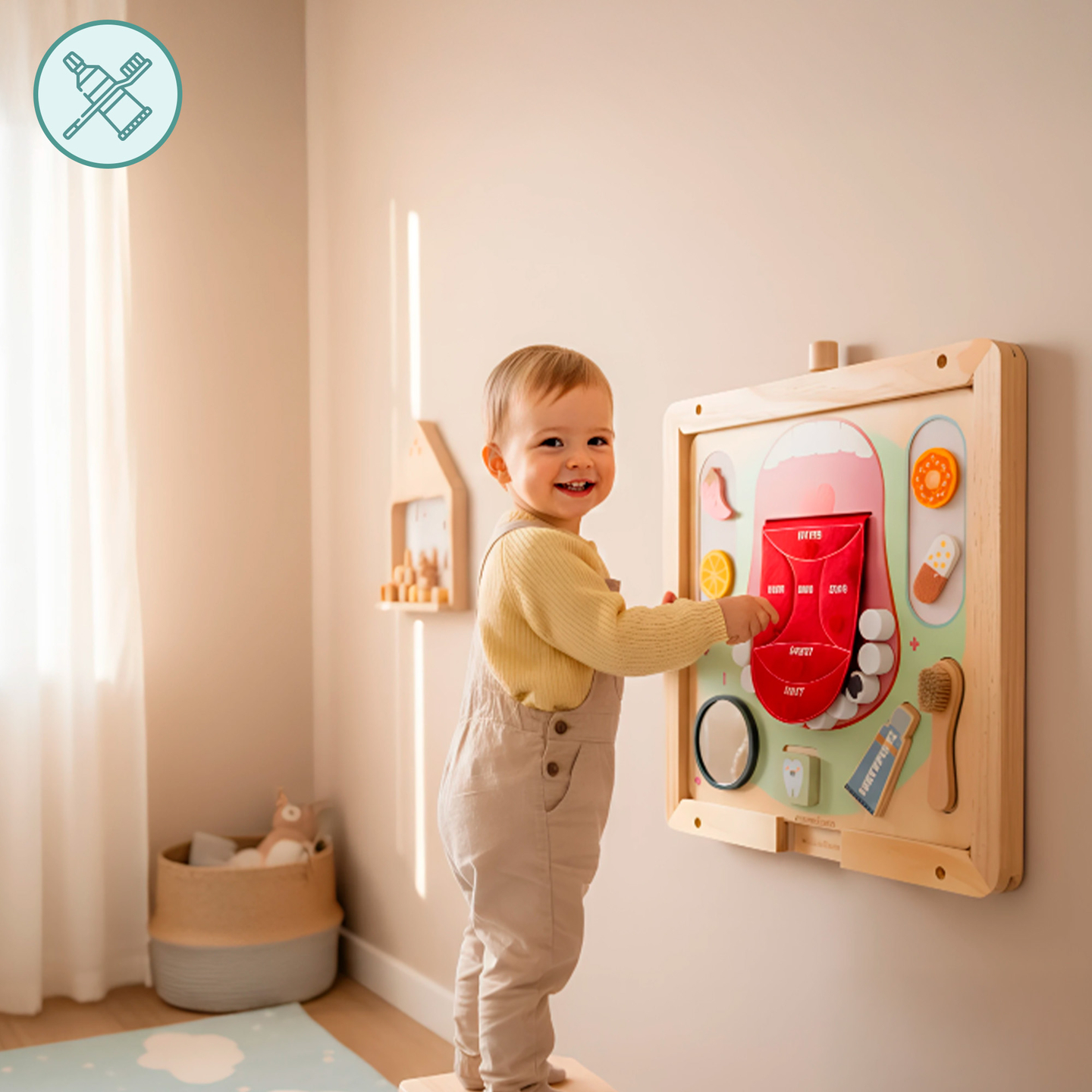 Montessori-Lerntafel aus Holz „Kleiner Zahnarzt“ – Zahnbürste, Zahnpasta, herausnehmbare Zähne, Spiegel, Essen, Lernaromen