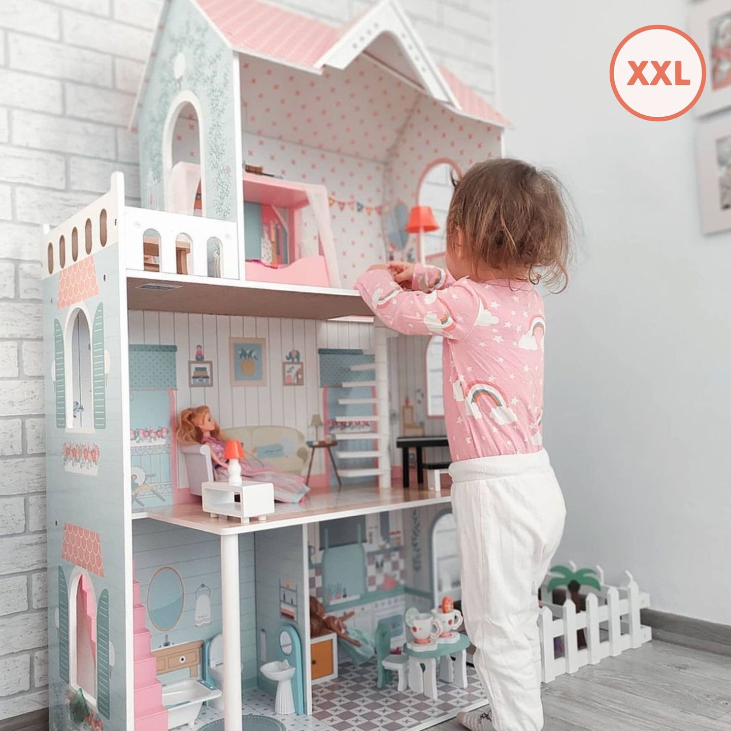 XXL Größtes Holzpuppenhaus - 123 cm - LED-Beleuchtung - Terrasse, Zubehör, Garten