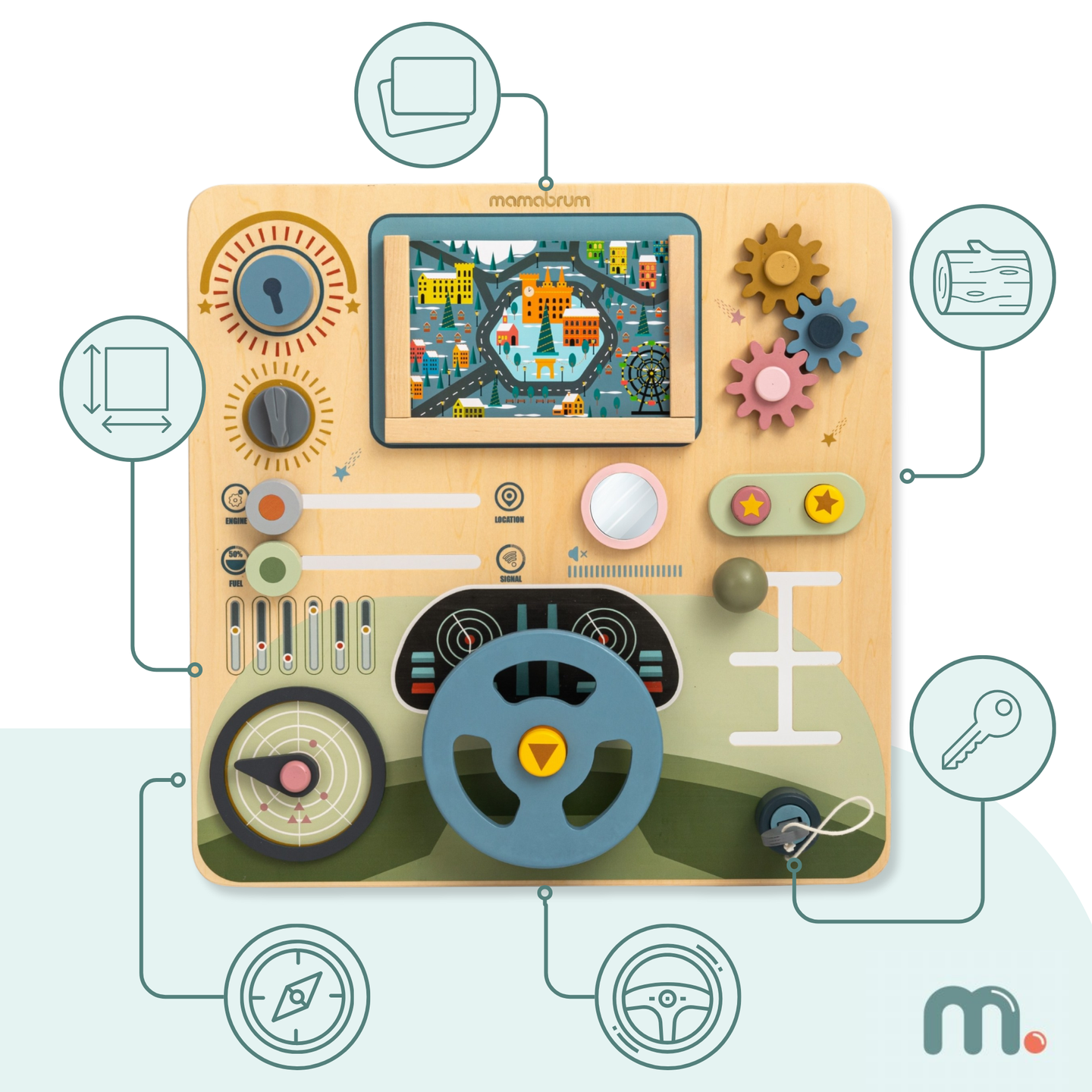 Montessori-Holzbrett 2 in 1 Cockpit für den kleinen Fahrer und Piloten – Lenkrad, Gangschaltung, Reisekarten, Radar