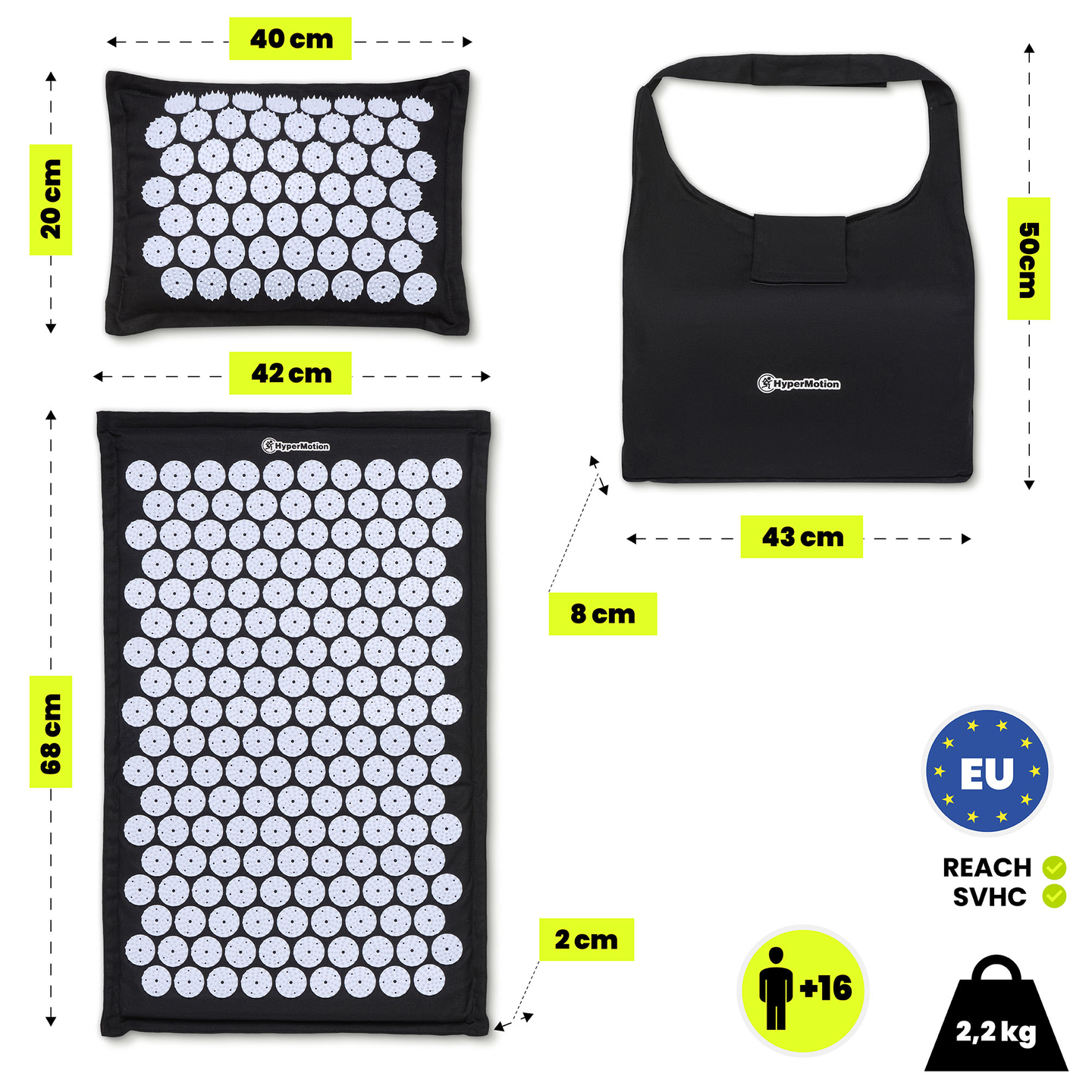 ECO Leinen-Akupressurmatte mit Kokosfaser- und Buchweizenkissen – 68 cm HyperMotion Schwarz-Weiß