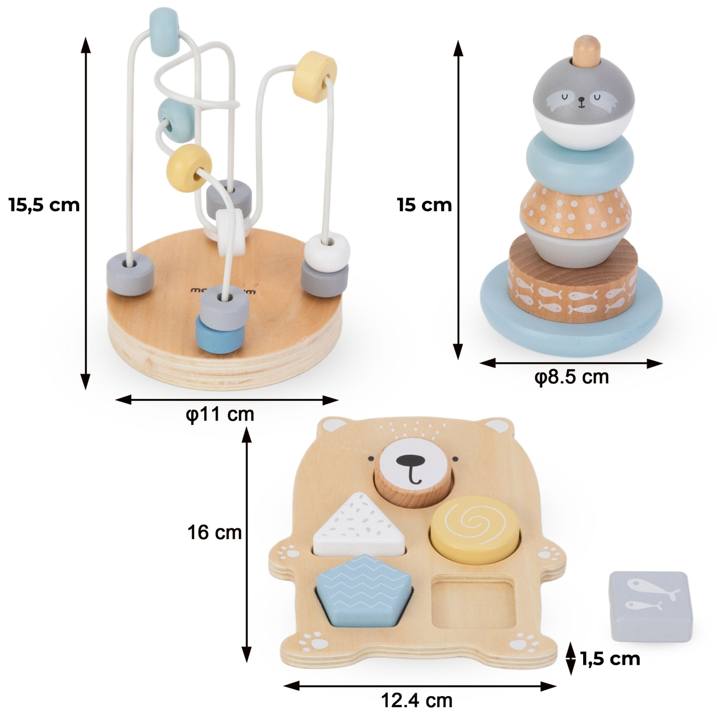 Set mit Holzspielzeug - buntes Geflecht, Robbenpyramide, Teddybärensortierer