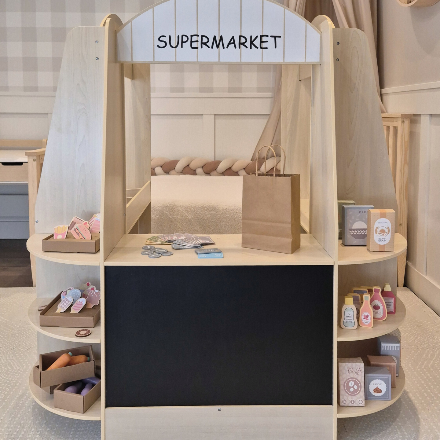 Großer Kinderkaufladen aus Holz mit Tafel - 91 Teile für Einkaufsspaß!