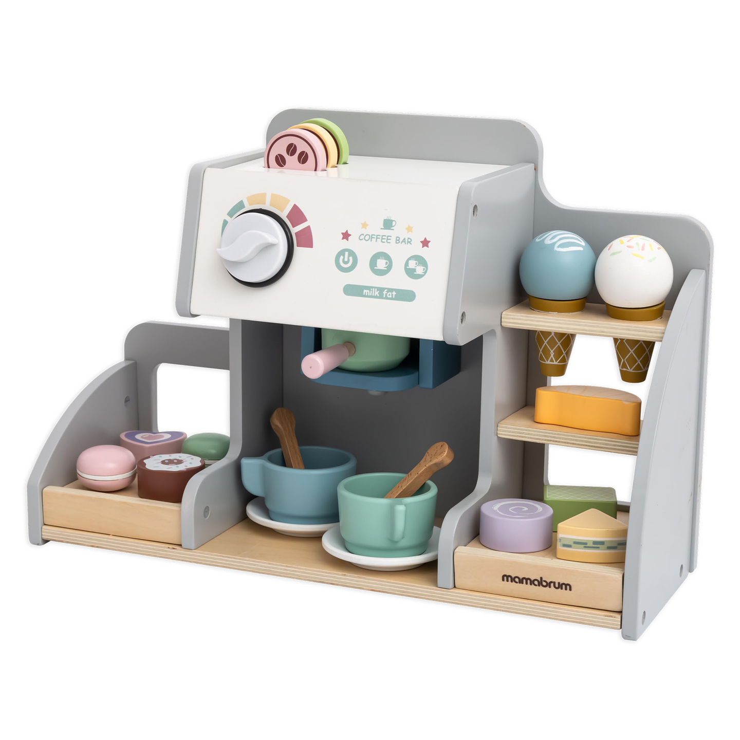 Ein großes Holzcafé und eine Eisdiele mit Magnettafel, Kaffeemaschine und Eis- und Dessertset - über 70 Teile!