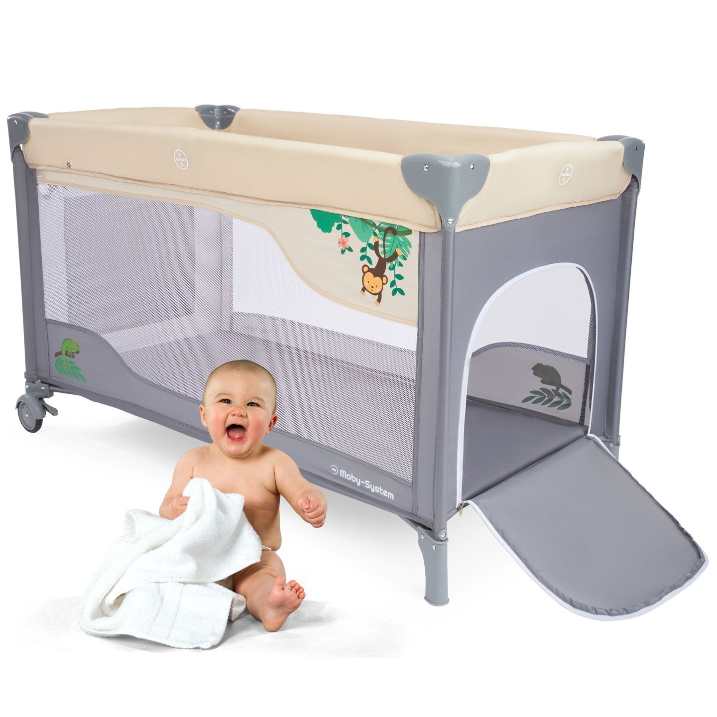 Reisebett 0 - 36 m mit Wickeltisch + Moby-System HUXLEY Laufgitter