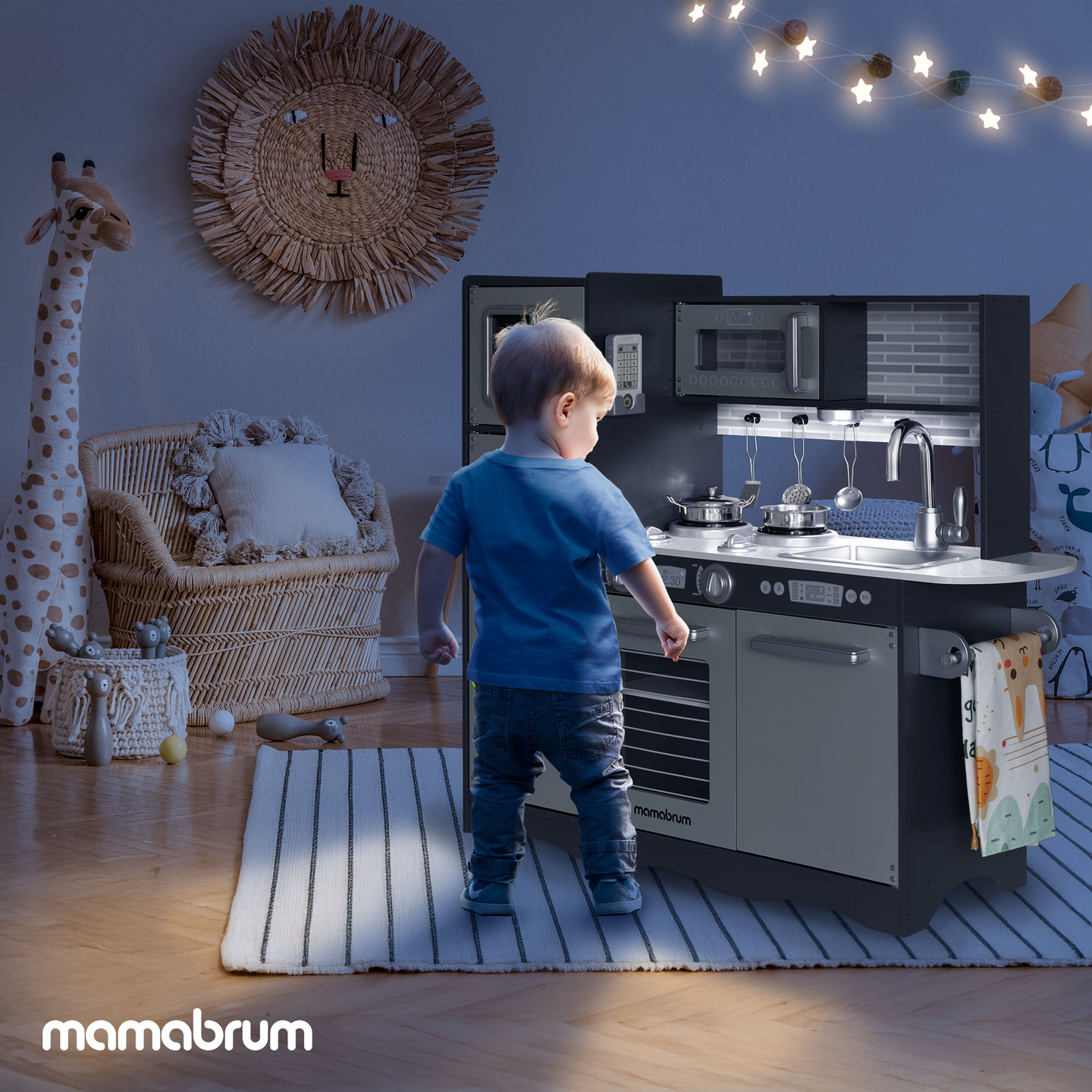 XXL-Holzküche mit LED-Beleuchtung, Schürze und Zubehör