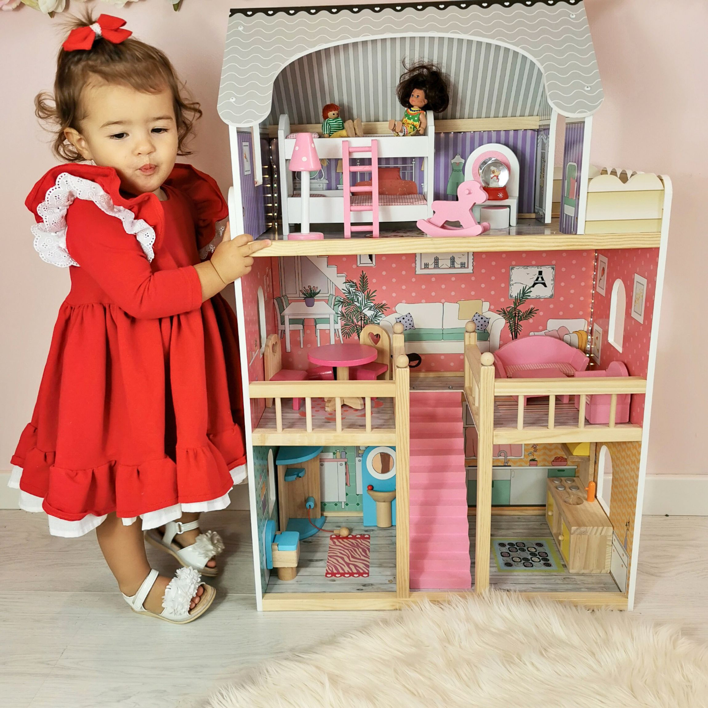 Großes 3-stöckiges Holzpuppenhaus mit Terrasse, Möbelset und LED-Beleuchtung!