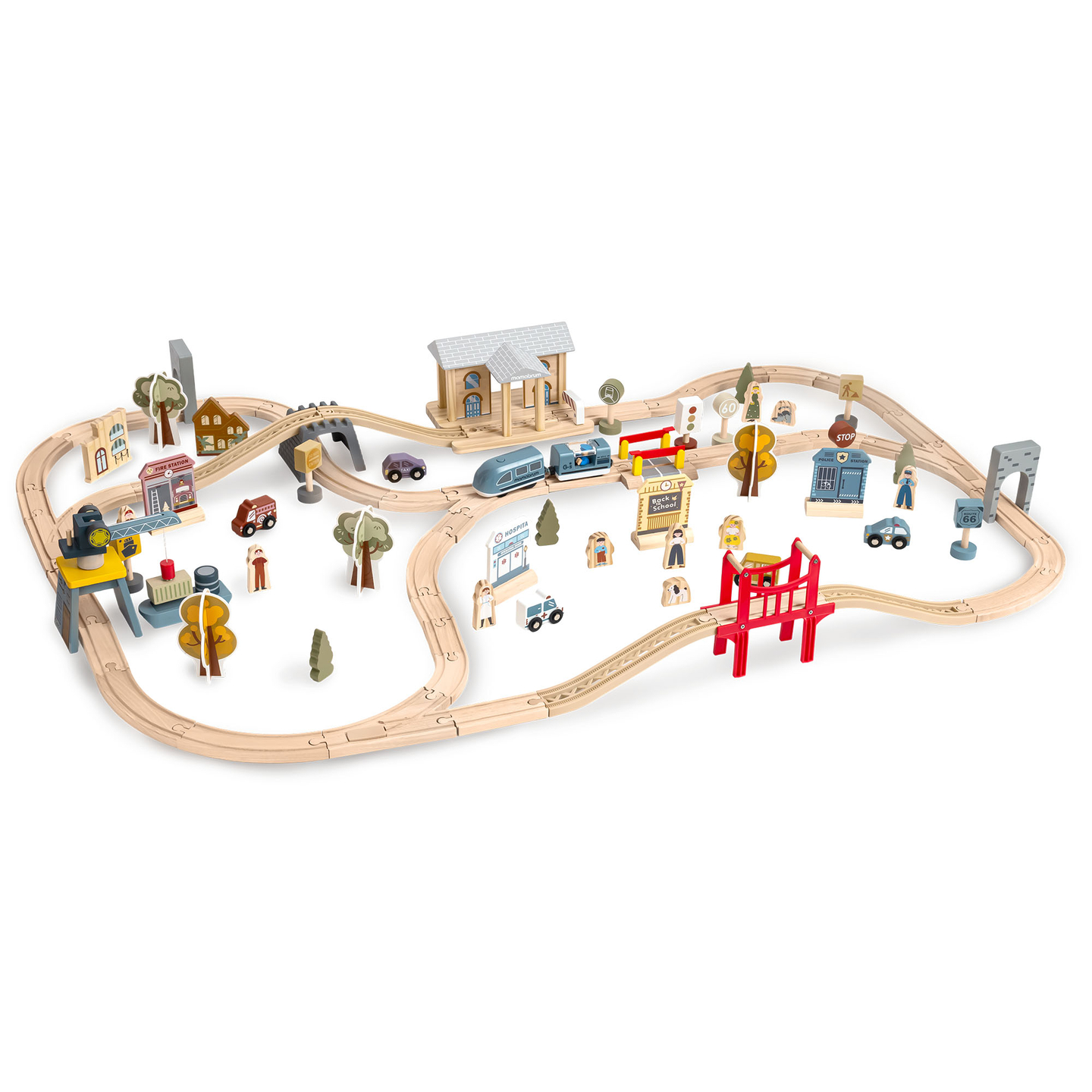 Hölzerne Stadteisenbahn mit elektrischer Lokomotive – beweglicher Kran, Schiff, Brücken