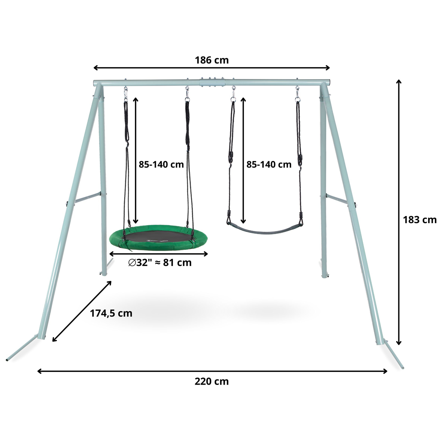 Doppelschaukel mit Gestell und Seilen – Sitz und Storchennest