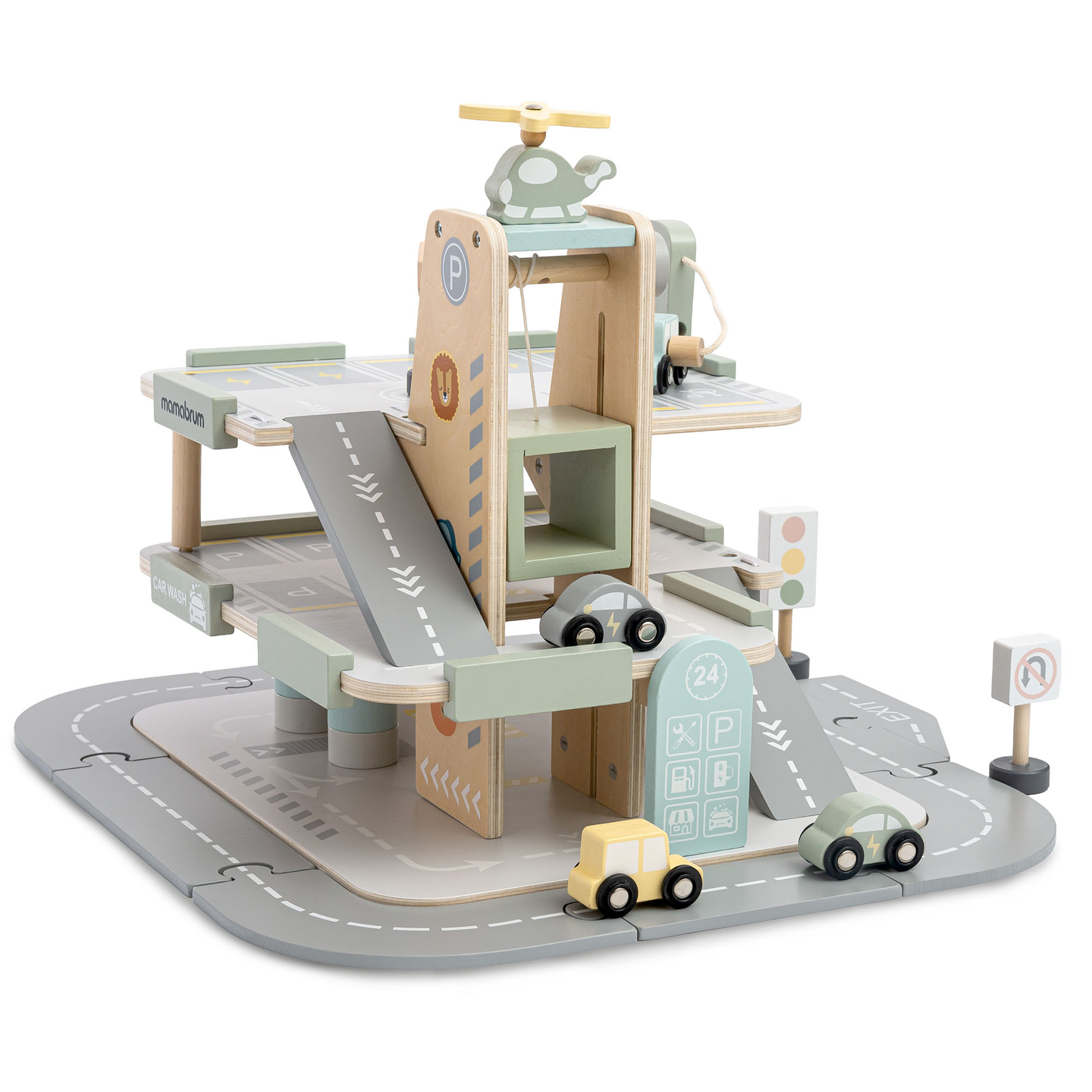 Dreistöckige Holzgarage für Kinder mit Zubehör – Parkplatz, Tankstelle, Autowaschanlage, Hubschrauber