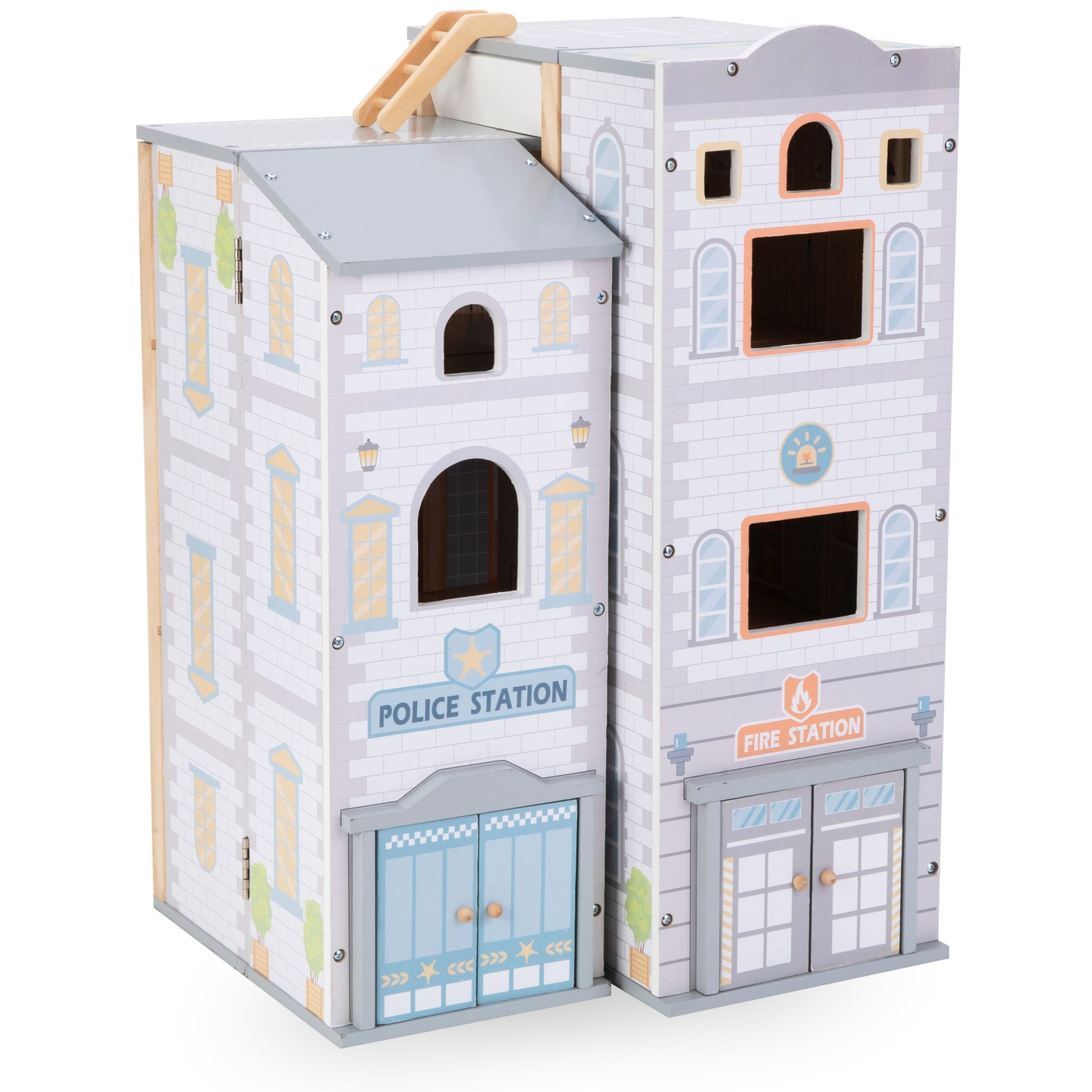Große klappbare Feuerwache mit Polizeistation - Set aus Holz. Feuerwache und Polizeistation mit Zubehör.