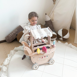 Hölzerne Eisdiele für Kinder - Wagen auf Rädern mit Zubehör