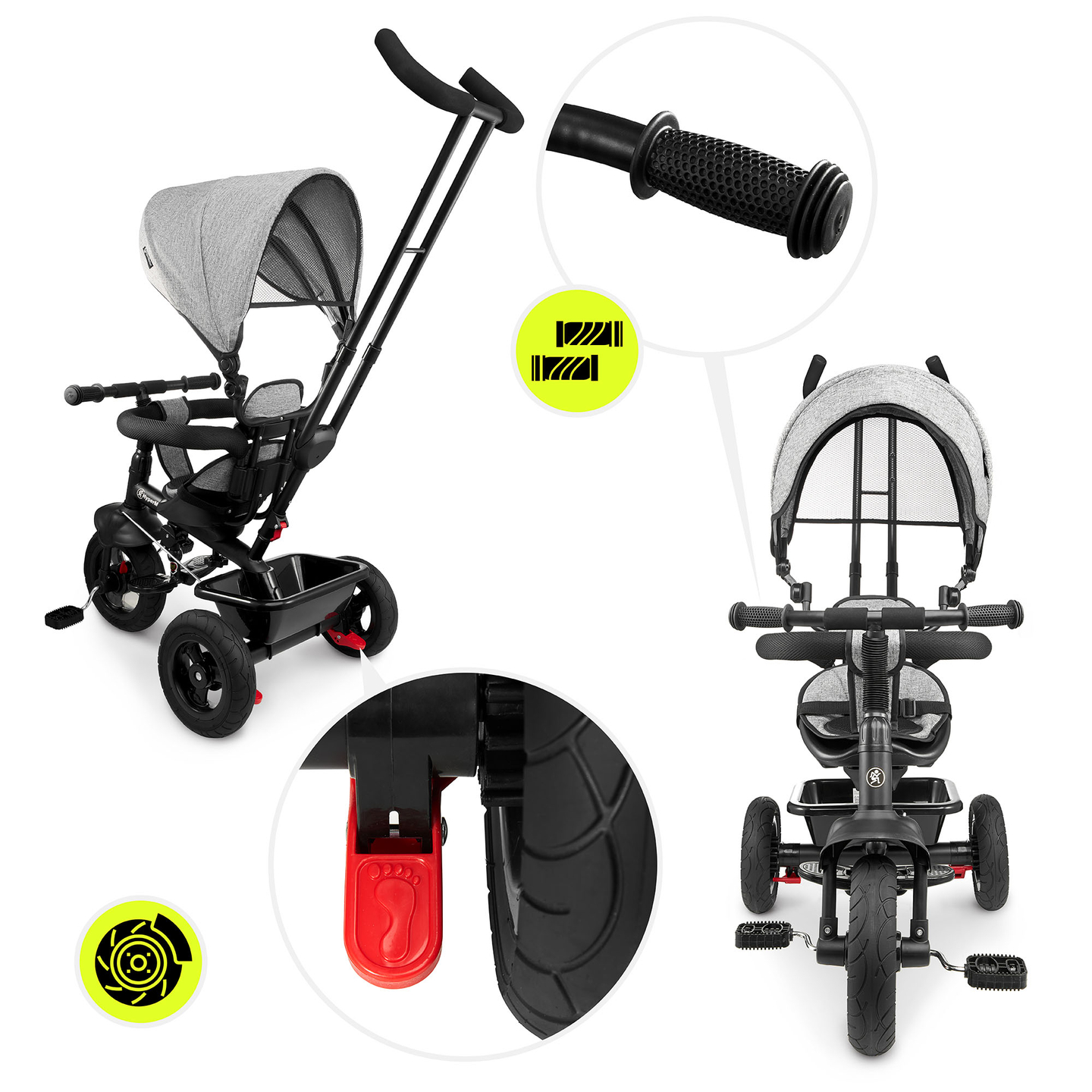 Dreirad für Kinder 1-4 Jahre - TOBI FREY - Farbe grau - drehbar - gepumpte Räder + Schieber