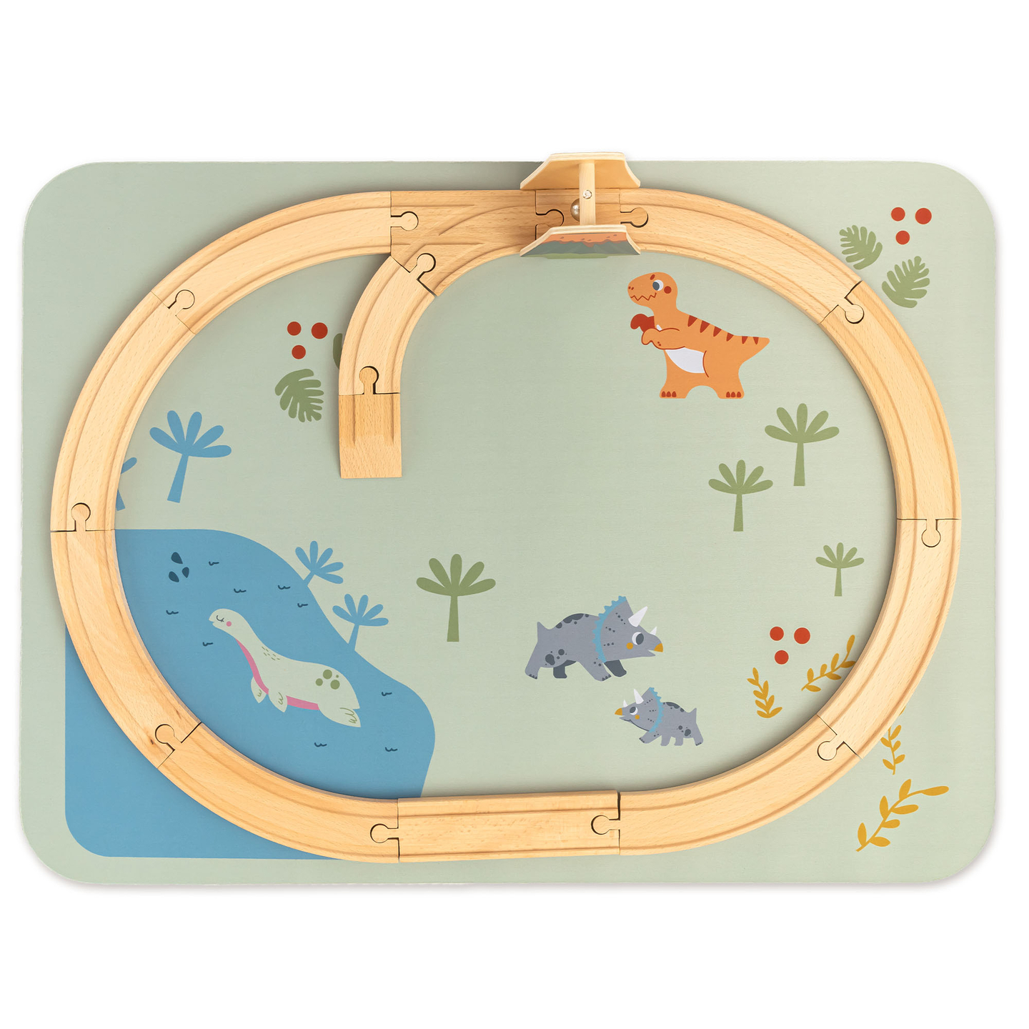 Dino Park Holzeisenbahn mit Antirutschmatte - Dinosaurier, Zug, Gleise, Vulkan, Glocke