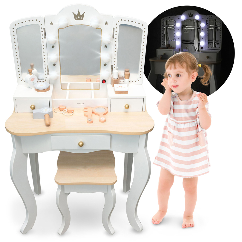 XXL-Holzfrisiertisch mit Hocker und LED-Beleuchtung für Kinder + Zubehör