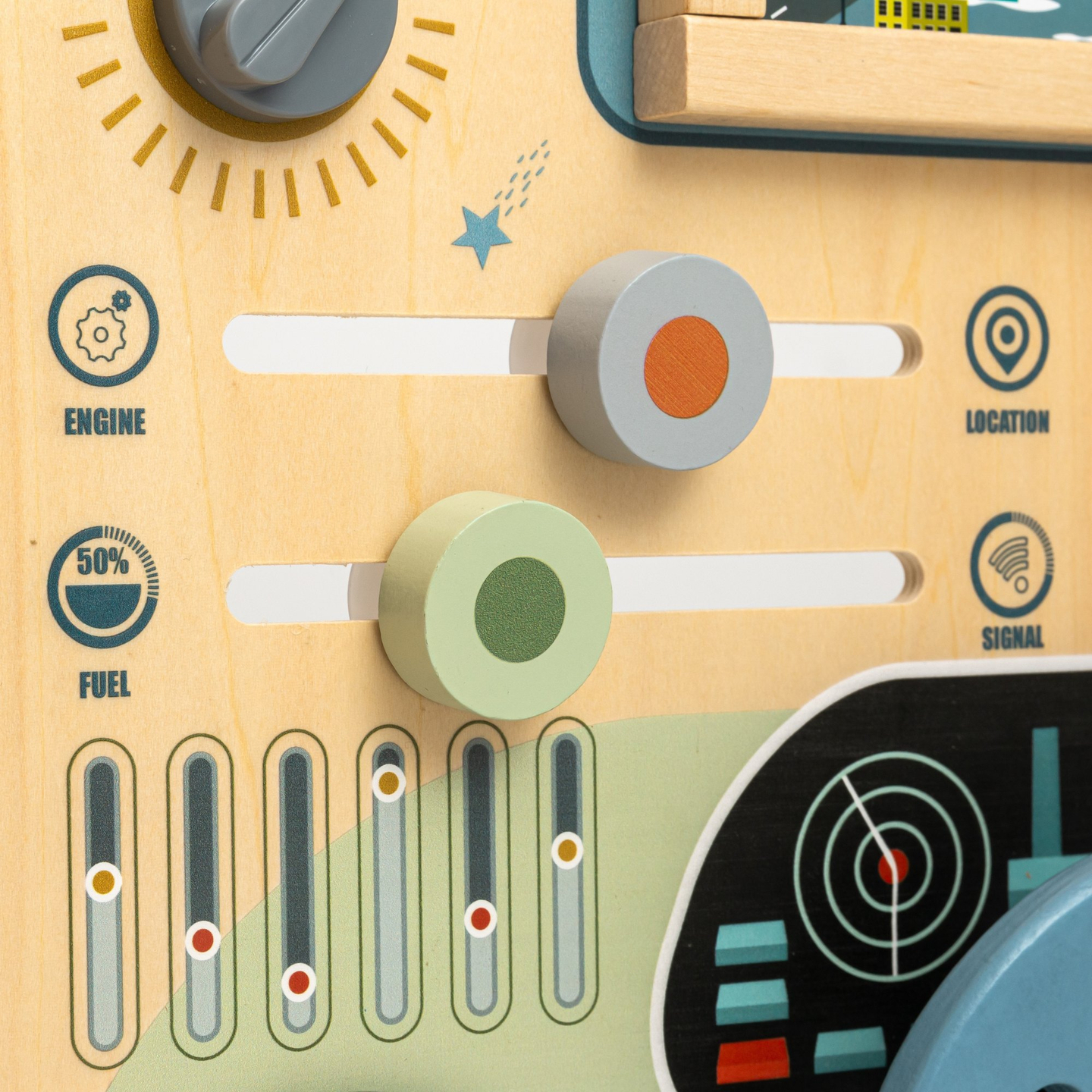 Montessori-Holzbrett 2 in 1 Cockpit für den kleinen Fahrer und Piloten – Lenkrad, Gangschaltung, Reisekarten, Radar