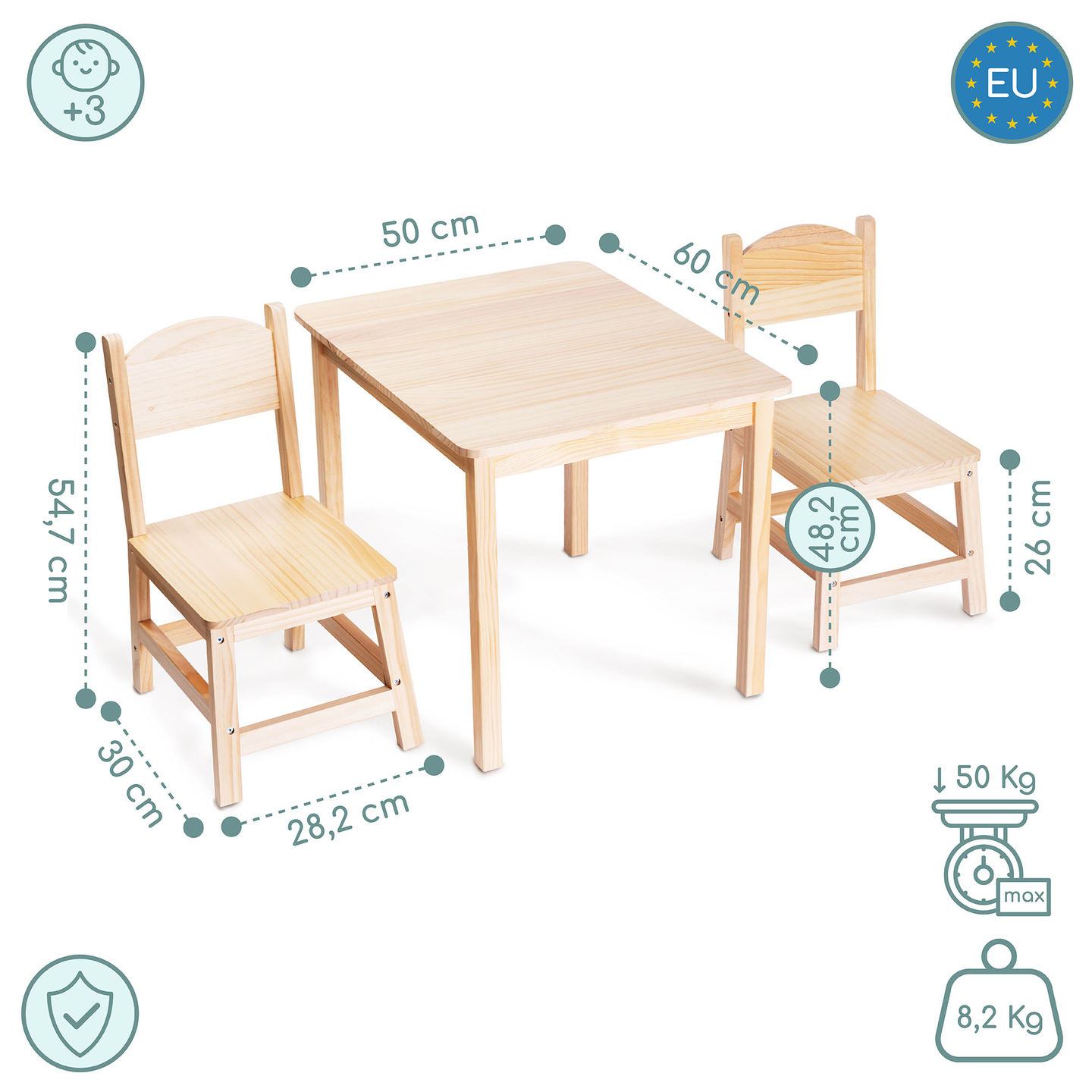 Holztisch und 2 Stühle - Set für Kinder