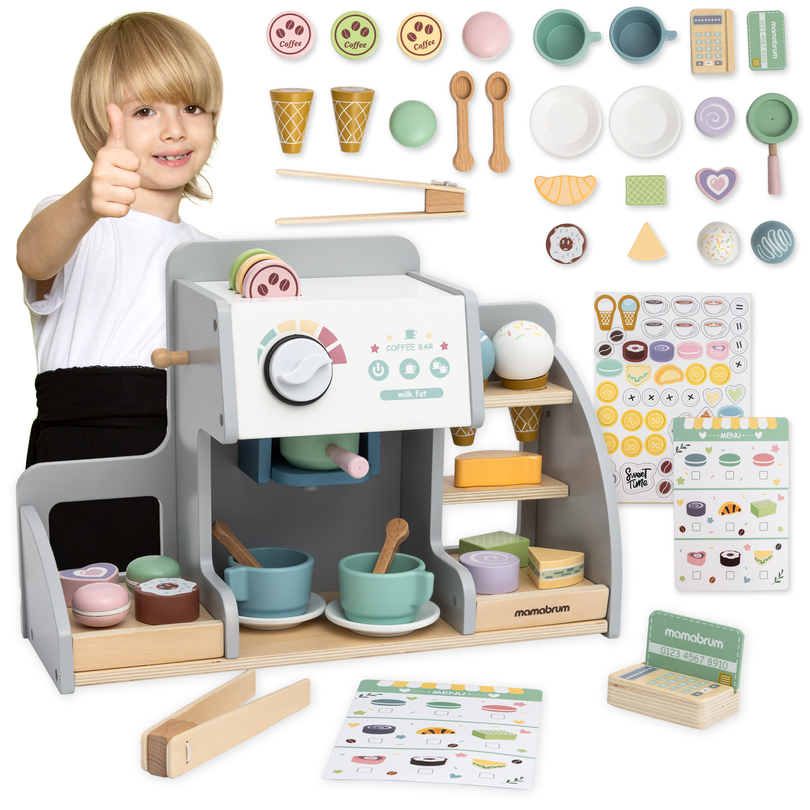 Ein großes Holzcafé und eine Eisdiele mit Magnettafel, Kaffeemaschine und Eis- und Dessertset - über 70 Teile!