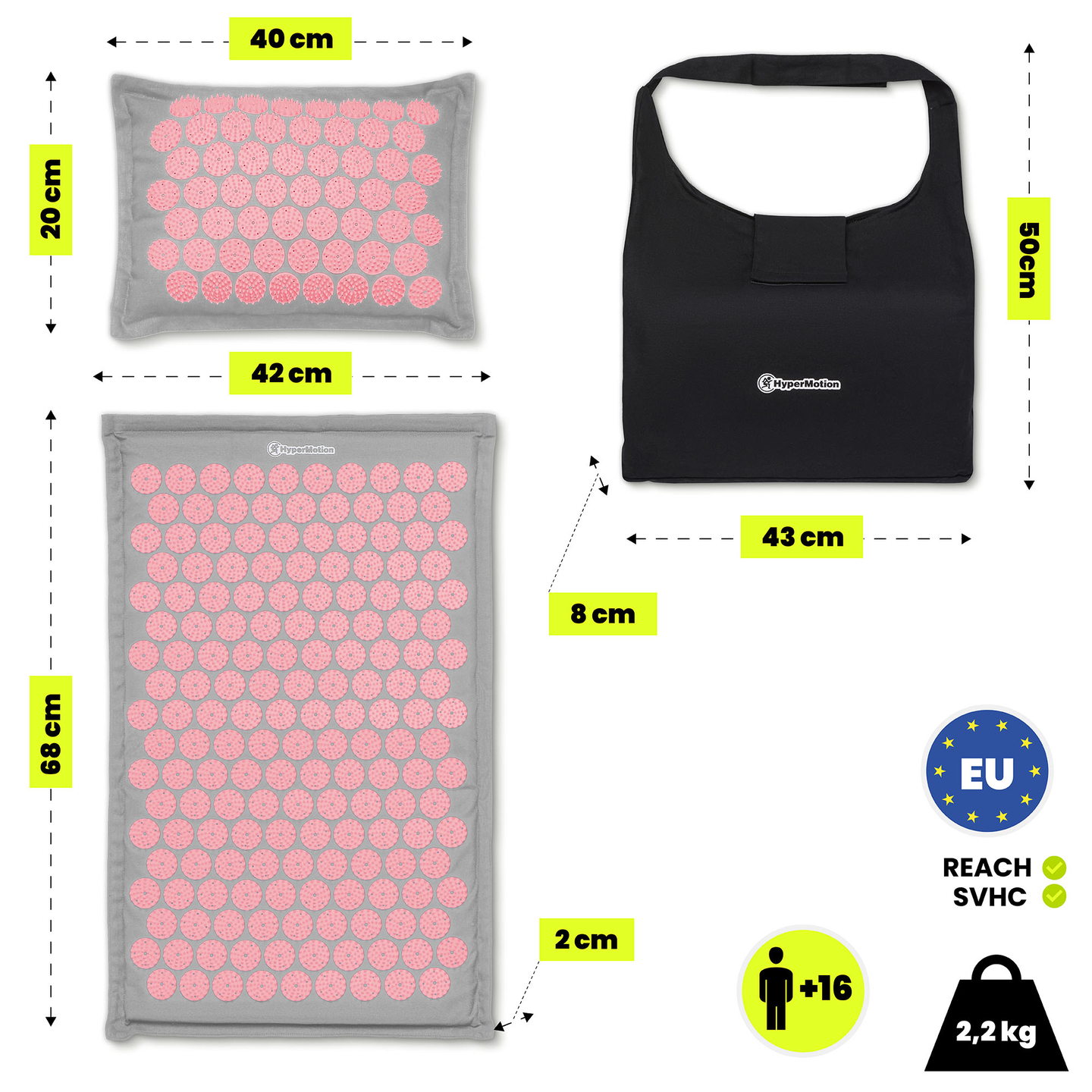 ECO Leinen-Akupressurmatte mit Kokosfaser- und Buchweizenkissen – 68 cm HyperMotion Grau und Rosa