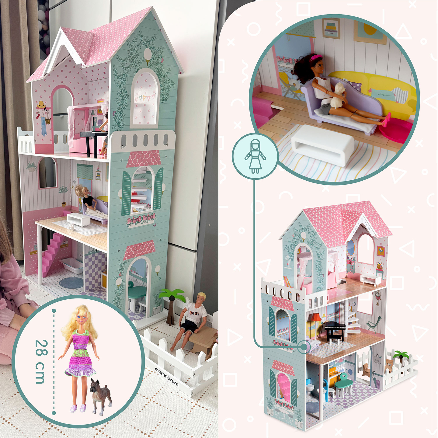 XXL Größtes Holzpuppenhaus - 123 cm - LED-Beleuchtung - Terrasse, Zubehör, Garten