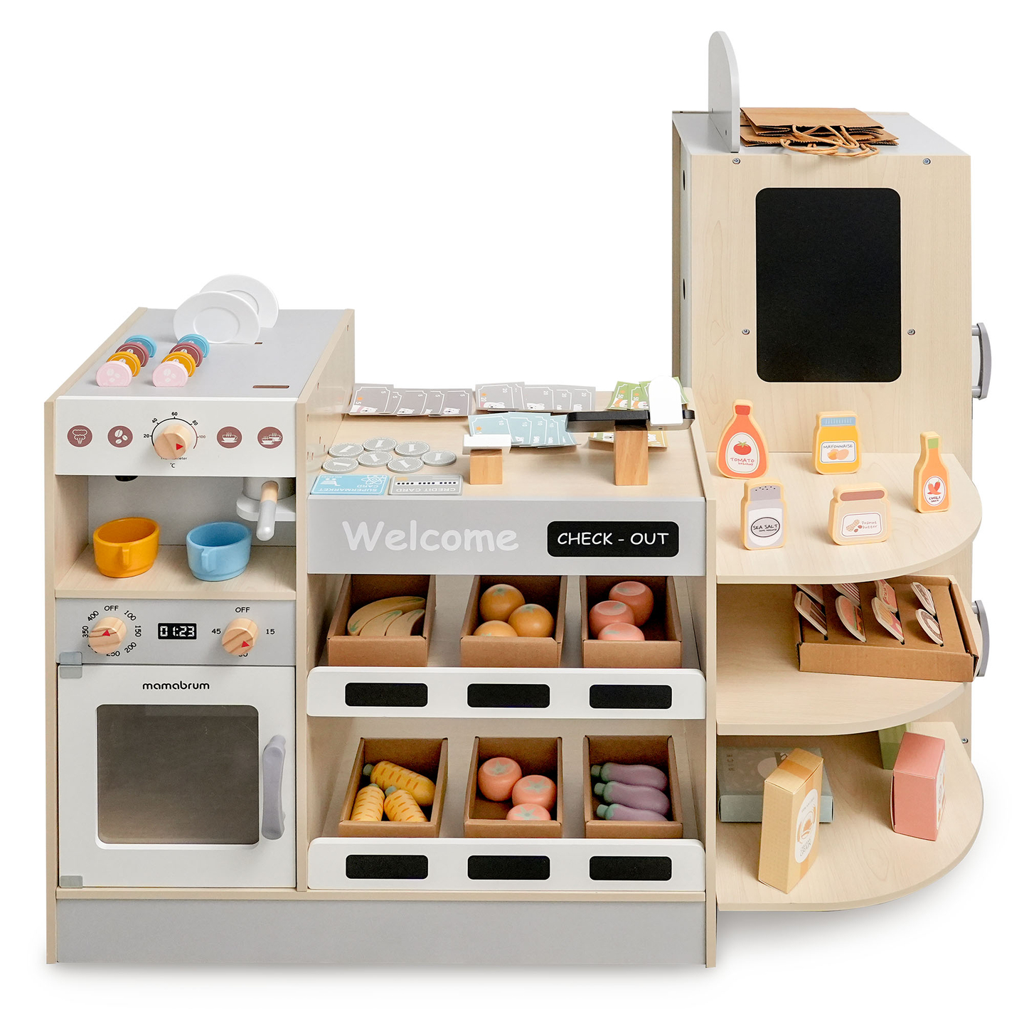Großer XXXL-Holzladen für Kinder mit Schnellimbiss - Eckladen + Kaffeemaschine + Backofen + Kühlschrank - 106 ac.