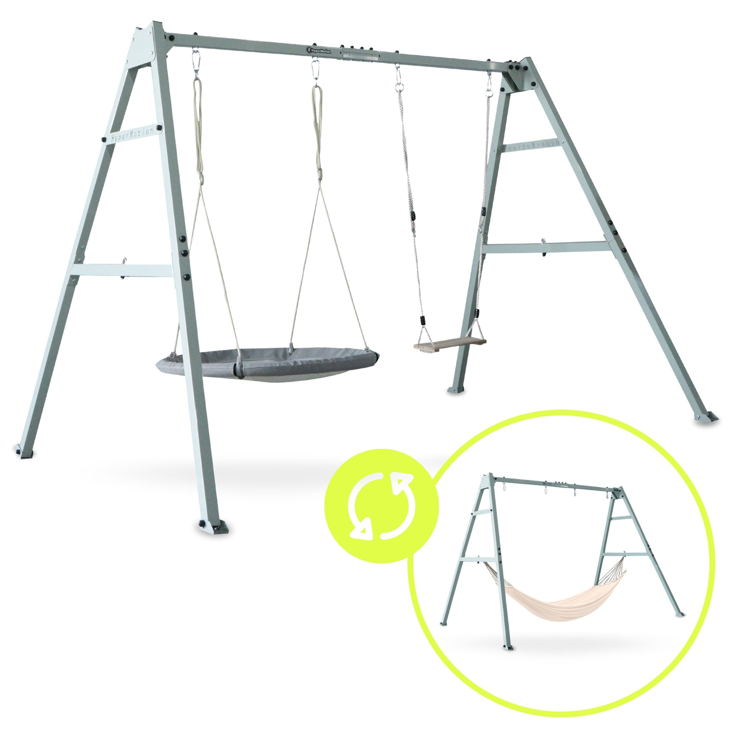 Doppelschaukel mit Zubehör - Stahlgestell - Storchennest, Schaukel und Hängematte