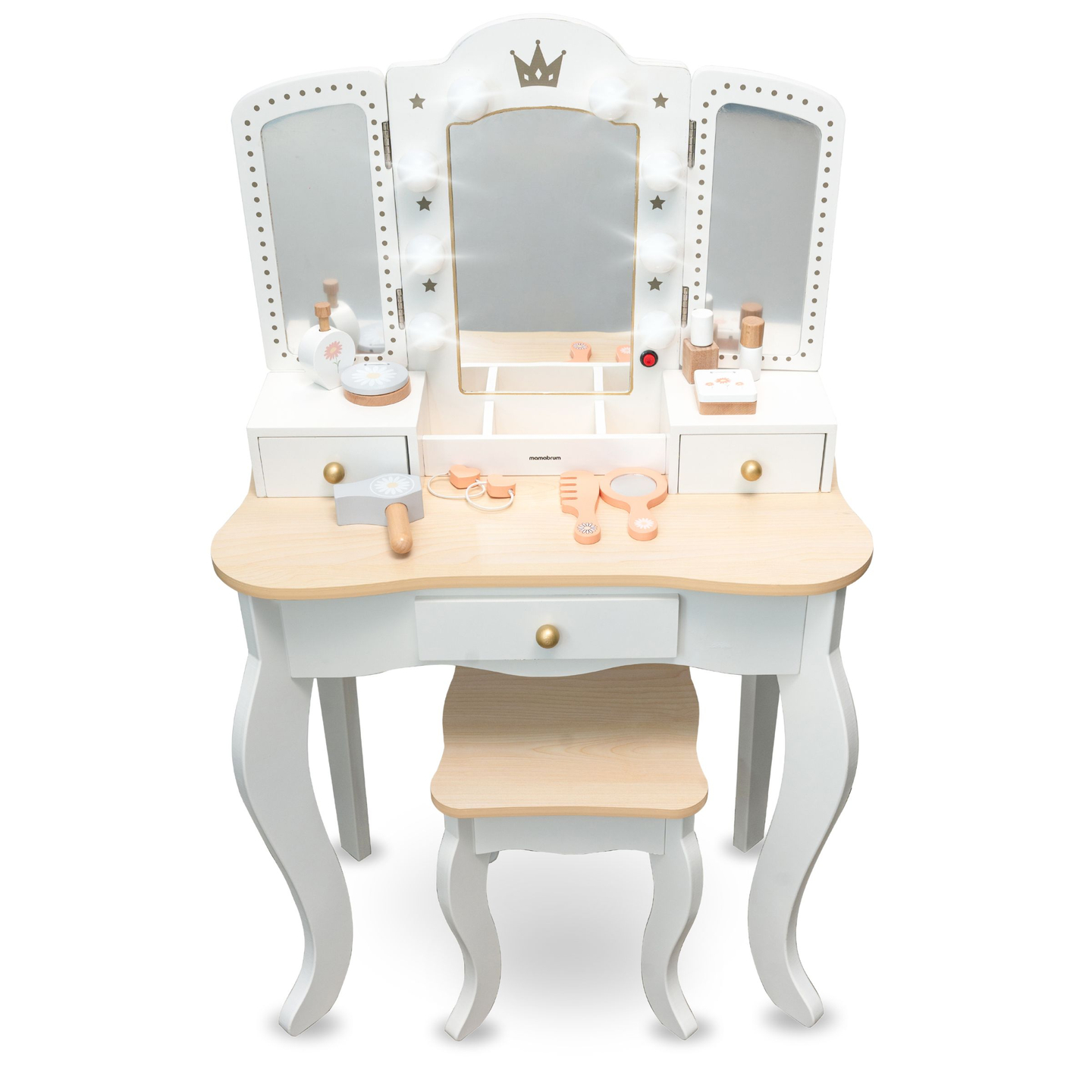 XXL-Holzfrisiertisch mit Hocker und LED-Beleuchtung für Kinder + Zubehör