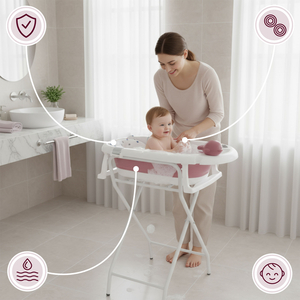 Zusammenklappbare Babybadewanne mit Thermometer, Einsatz und Ständer - Farbe schmutzigrosa