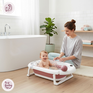 Zusammenklappbare Babybadewanne mit Thermometer, Einsatz und Ständer - Farbe schmutzigrosa