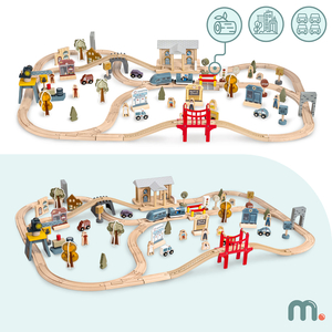 Hölzerne Stadteisenbahn mit elektrischer Lokomotive – beweglicher Kran, Schiff, Brücken