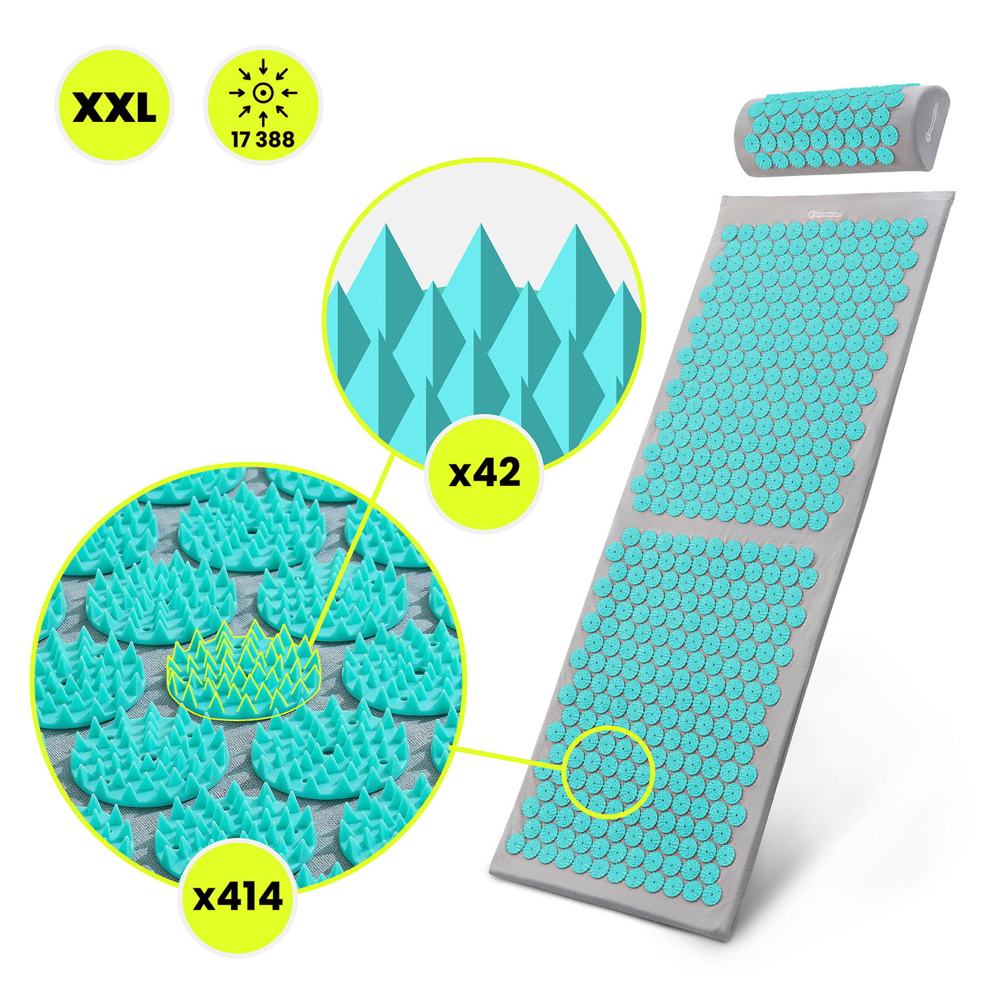 Große Akupressurmatte mit Kissen und Bezug – 130 cm HyperMotion grau-mint