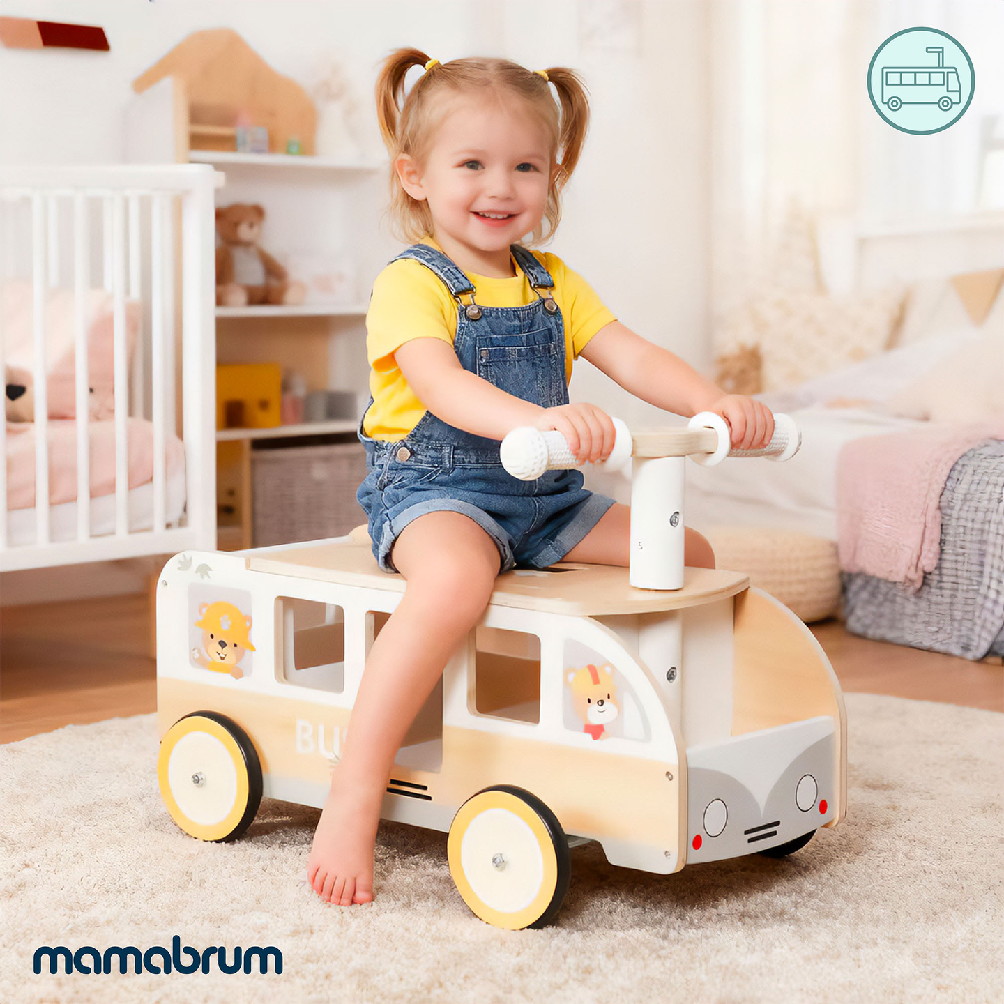 Holzbus zum Draufsitzen für Kinder - Bus mit Staufächern und Platz für Kuscheltiere