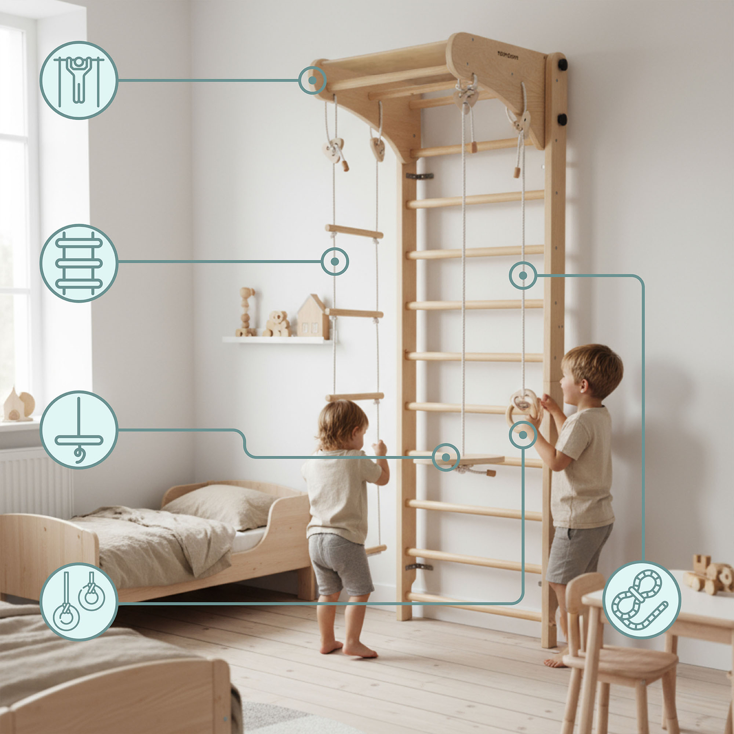 Holzturnleiter für Kinder mit Zubehör - einer Tellerschaukel, Turnringen und einer Strickleiter