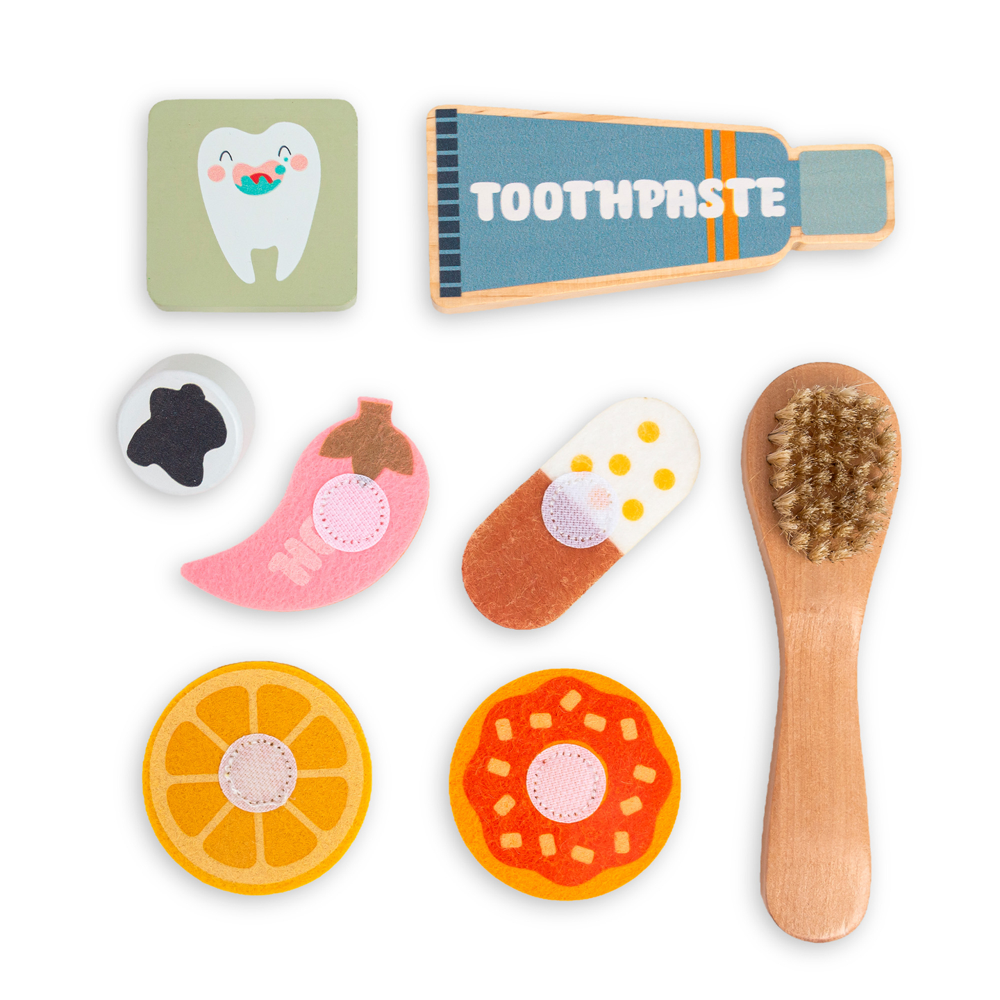 Montessori-Lerntafel aus Holz „Kleiner Zahnarzt“ – Zahnbürste, Zahnpasta, herausnehmbare Zähne, Spiegel, Essen, Lernaromen