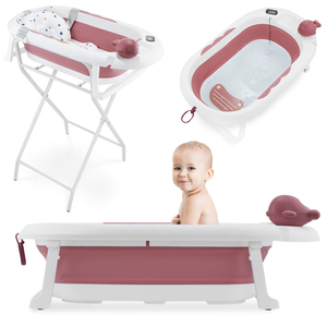 Zusammenklappbare Babybadewanne mit Thermometer, Einsatz und Ständer - Farbe schmutzigrosa