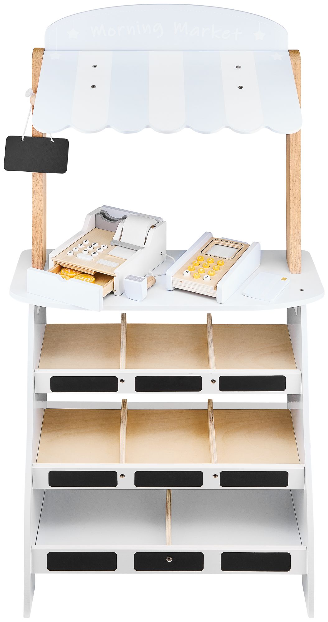 Gemüsestand - Holzstand mit Kisten, Kasse und Terminal