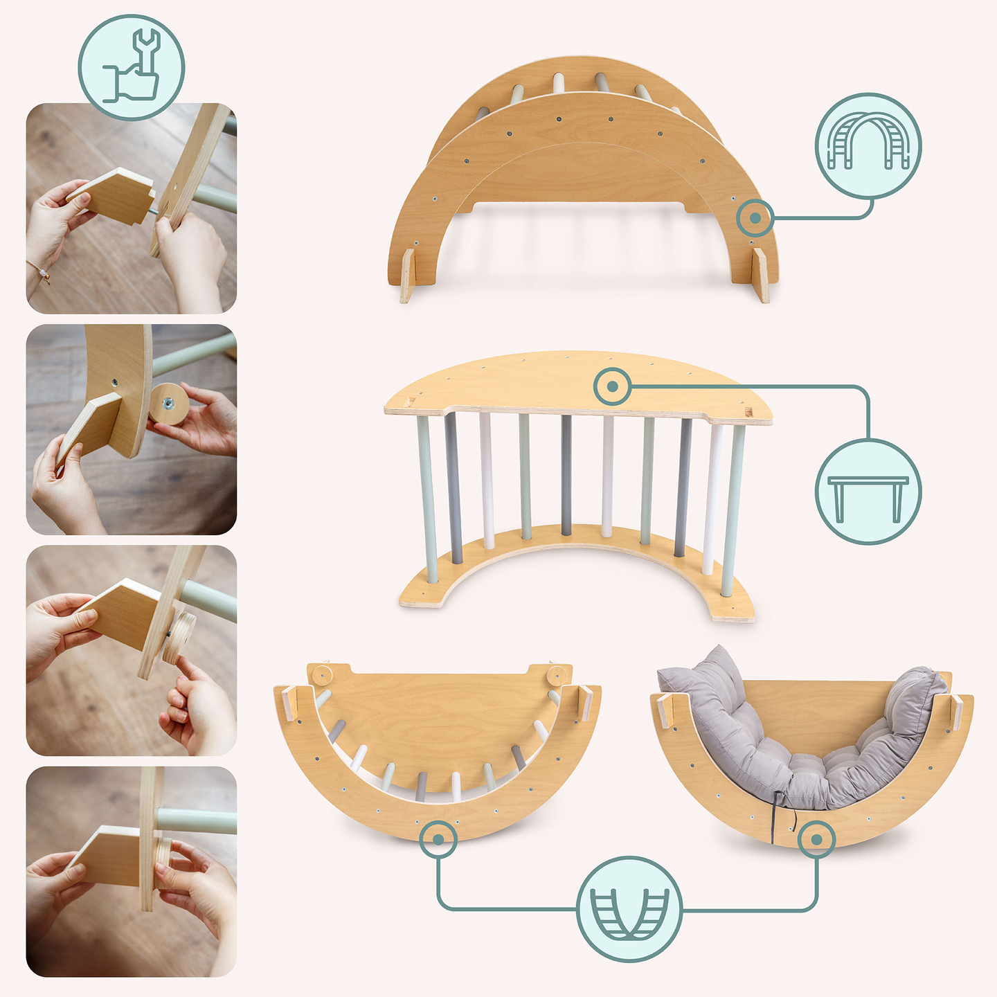 Indoor-Spielplatz aus Holz für Kinder – Kletterwand, Rutsche, Kletterbogen/-wippe und Pikler-Dreieck