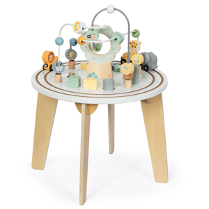 Runder Lerntisch aus Holz mit Magneteisenbahn und Perlenwerfer