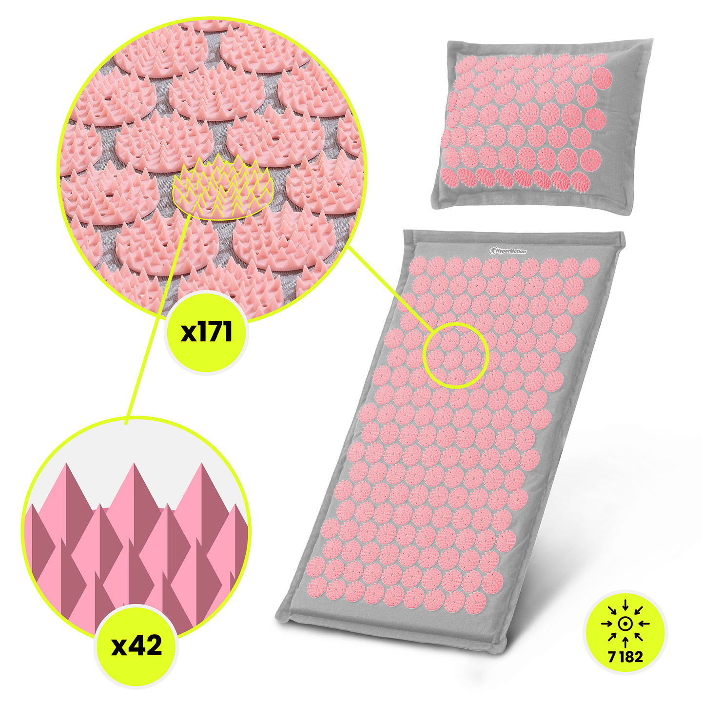 ECO Leinen-Akupressurmatte mit Kokosfaser- und Buchweizenkissen – 68 cm HyperMotion Grau und Rosa